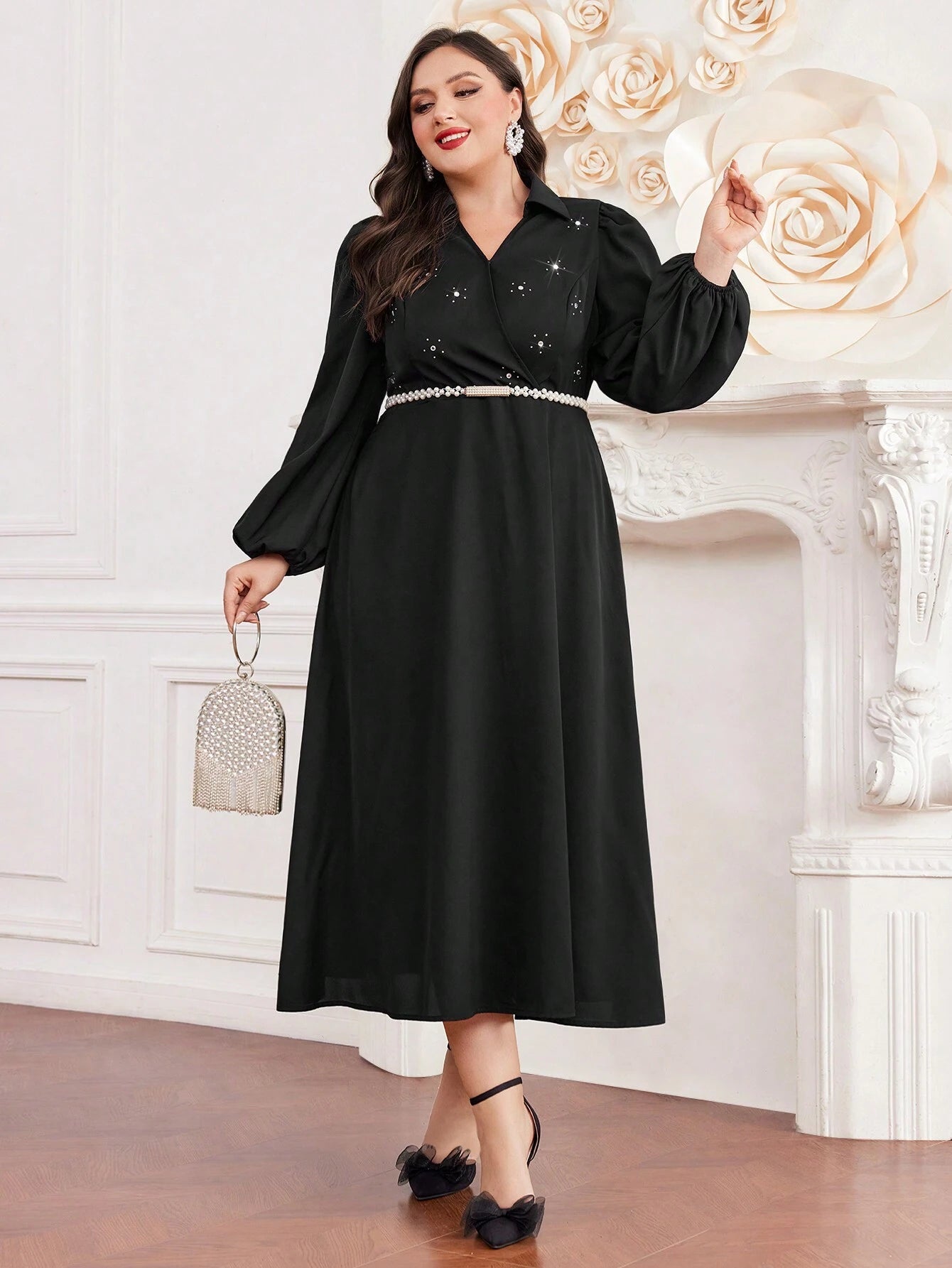 Modely plus Size Crystal Embellished Lantern Sleeves Dress (Belt Not Included)