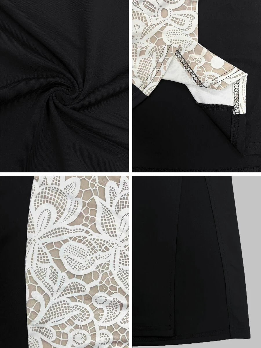 SHEIN Elenzga فستان أسود مطبوع برقعات دانتيل وأكمام طويلة