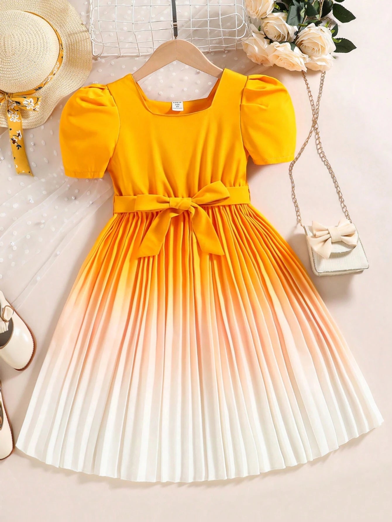 Young Girl Ombre Puff Sleeve Pleated Hem Belted Dress