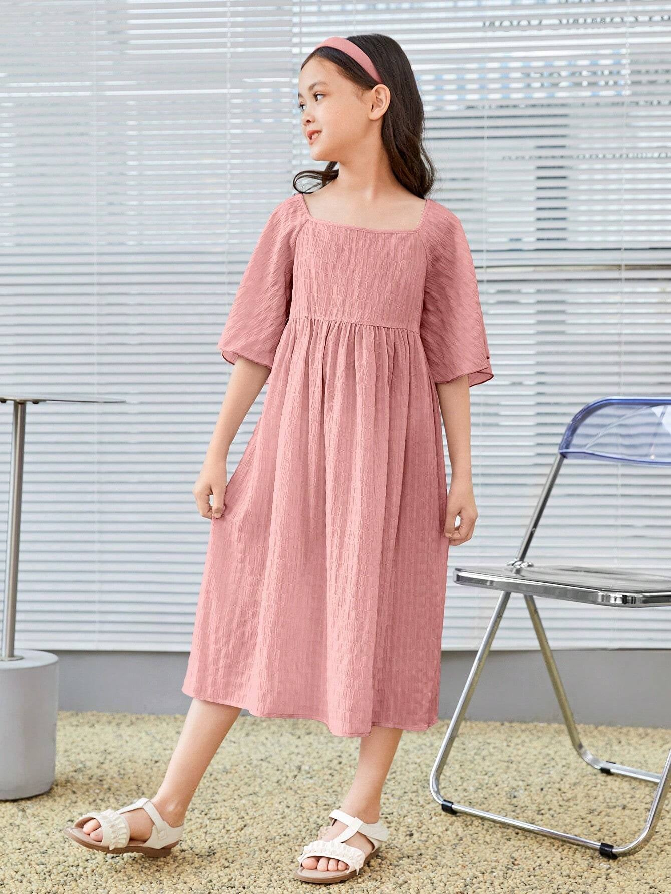 Tween Girl Solid Loose-Fit Elegant Dress with Square Neckline, Cap Sleeves, Suitable for Spring & Summer