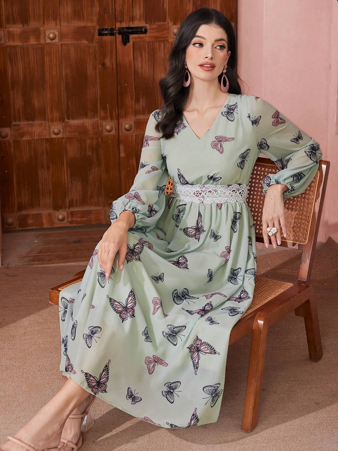 Modely Butterfly Printed V-Neck Patchwork Lace Tape Lantern Sleeve Dress