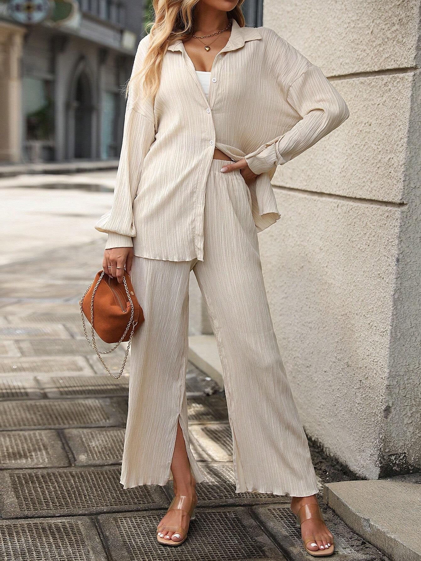 LUNE Drop Shoulder Button Front Shirt & Split Hem Wide Leg Pants