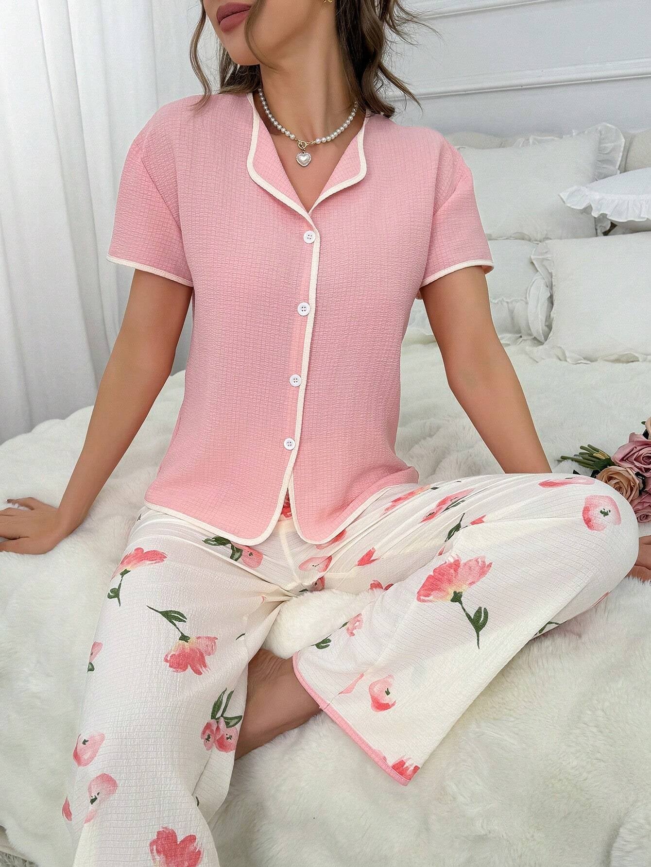 Women'S Piping Trimmed Short Sleeve Flower Print Long Pajama Set