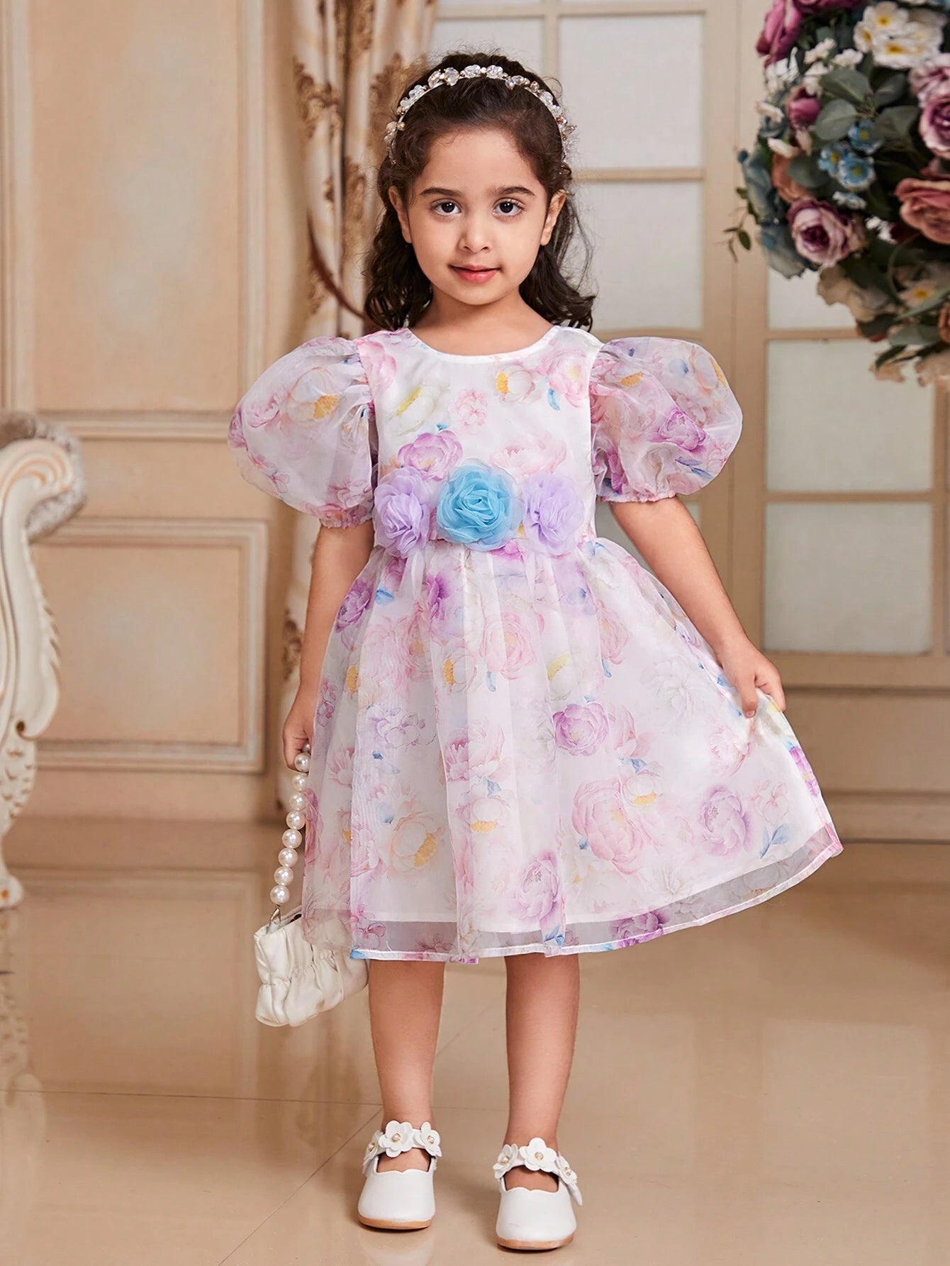 Young Girls' Elegant round Neck Puff Sleeve Organza Floral Print 3D Flower Dress