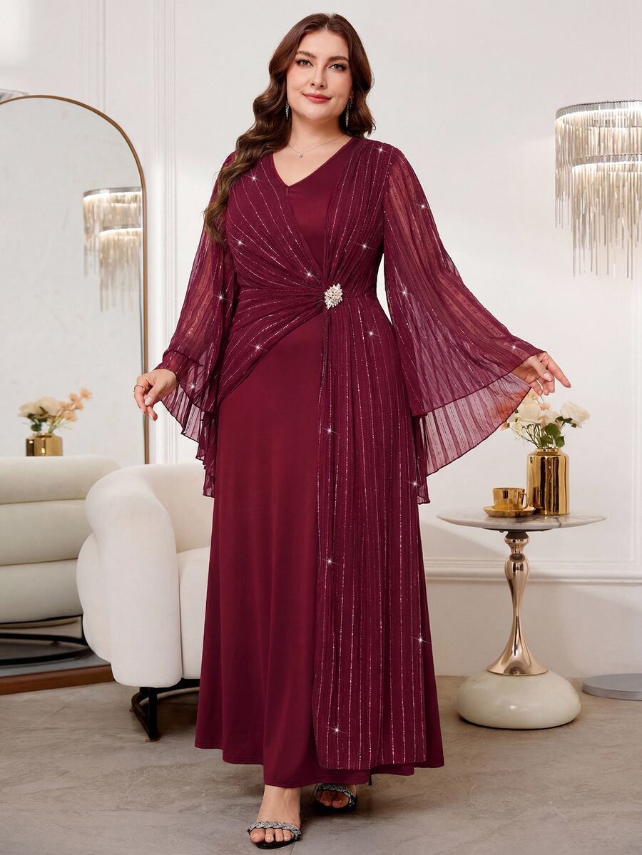 SHEIN Reflora فستان عنابي للمقاسات الكبيرة بأكمام جرس مزين بالراينستون