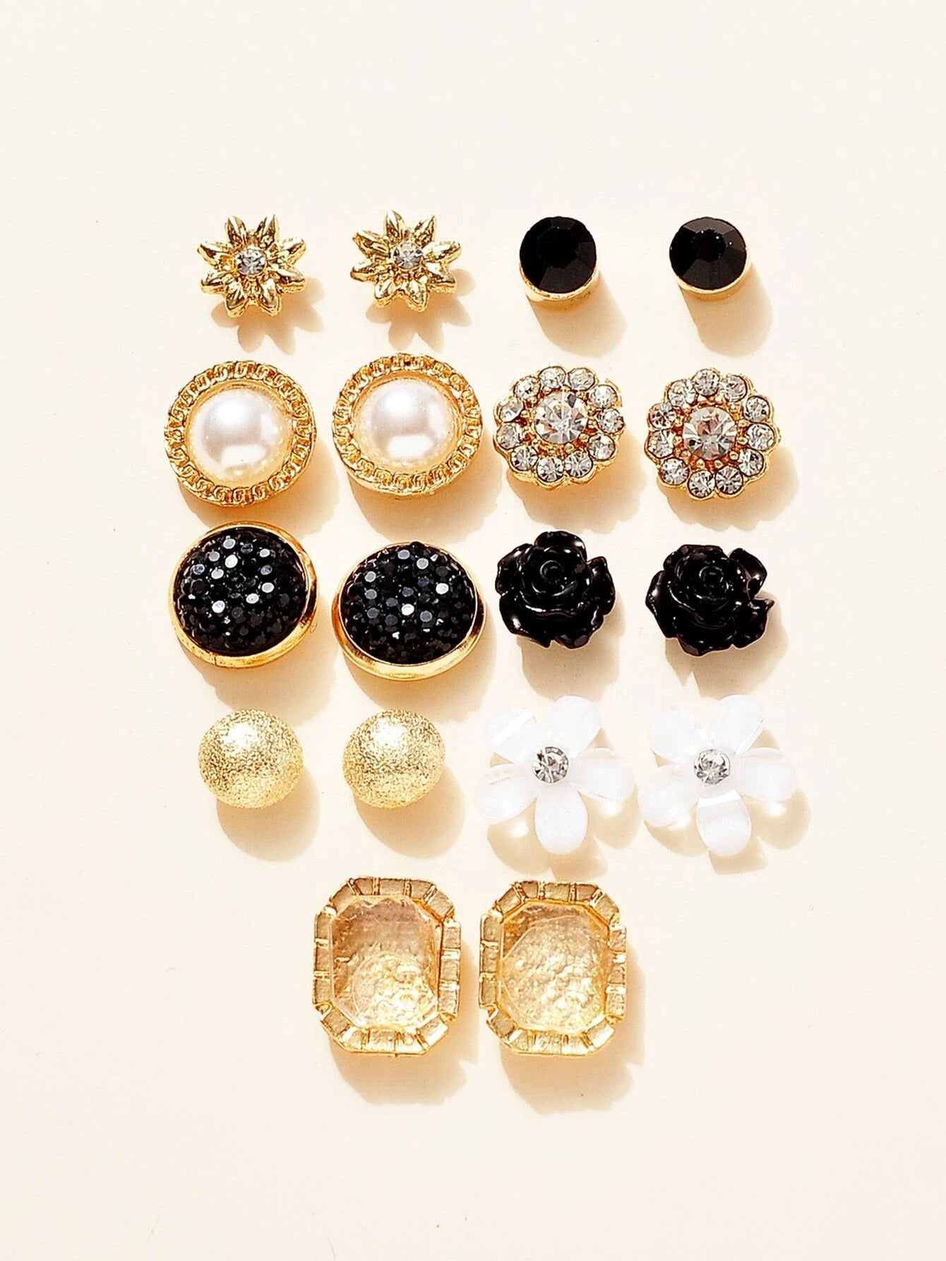 9Pairs/Set Rhinestone & Flower Decor Stud Earrings
