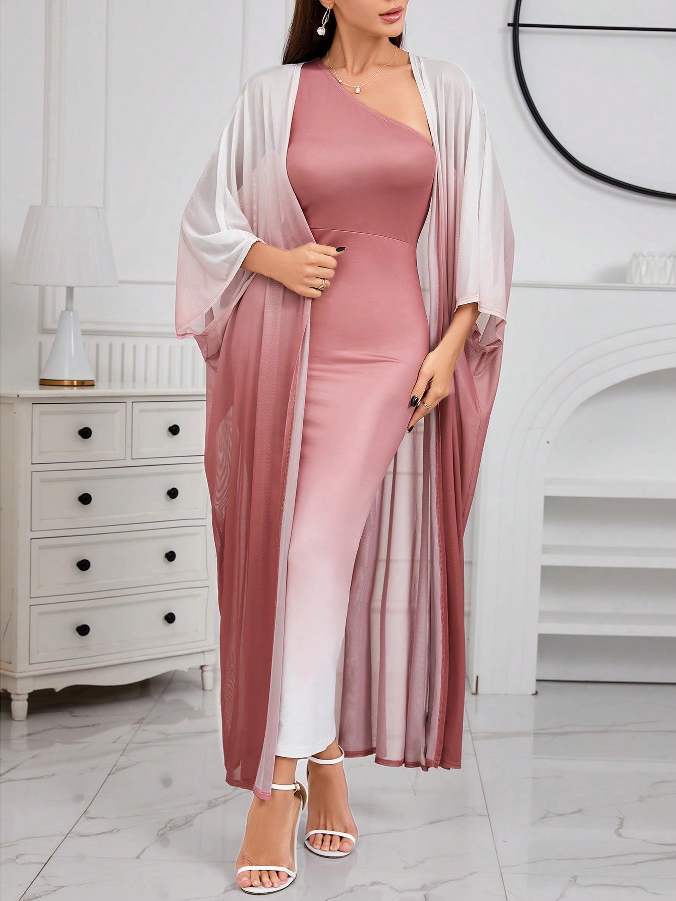 Modely Ombre Shoulder Sloping Dress with Coat Evening Dress