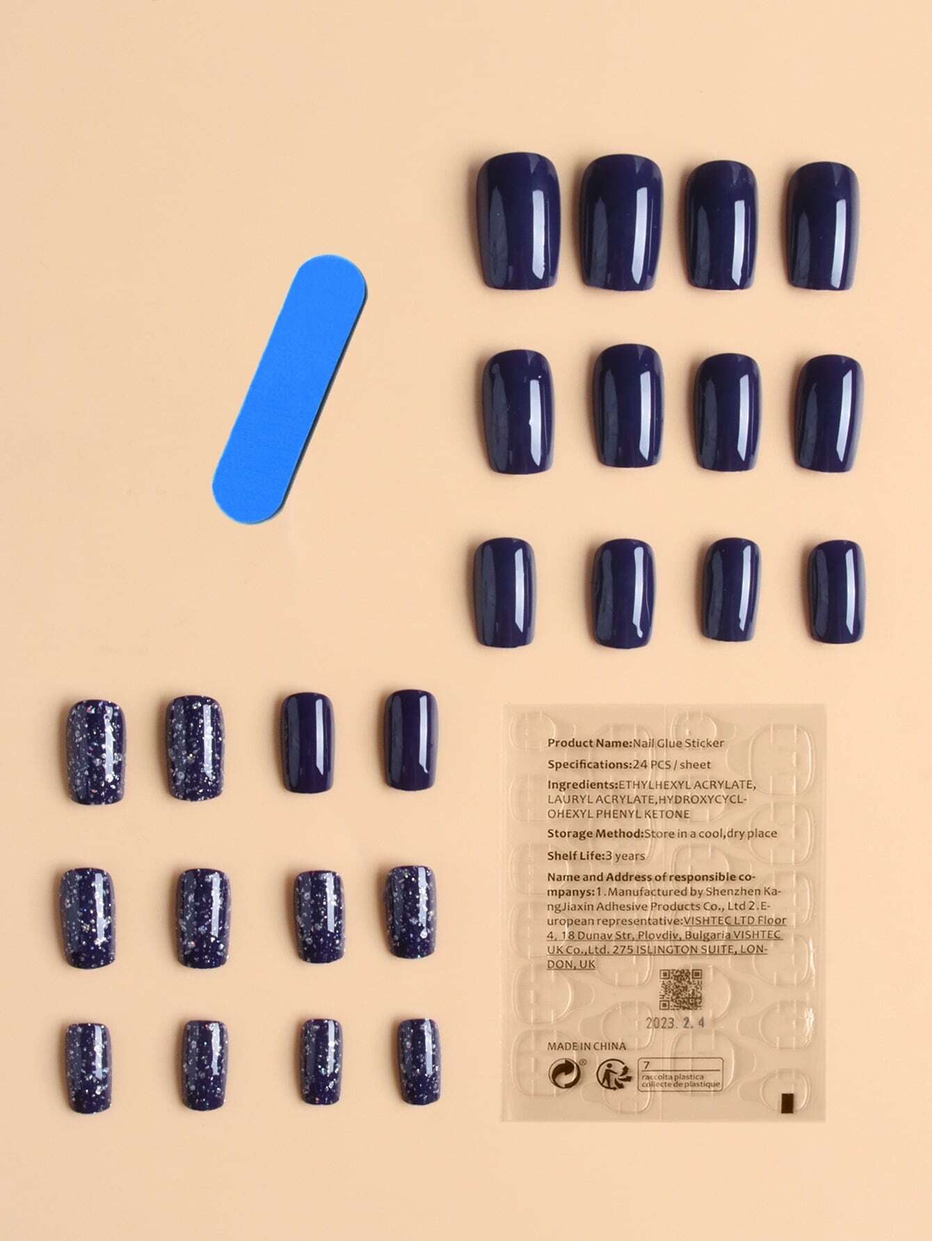 Elevate Your Style with 24Pcs Long Square Navy Blue Glitter Full Coverage Fake Nail Set for Women Girls Daily Wear