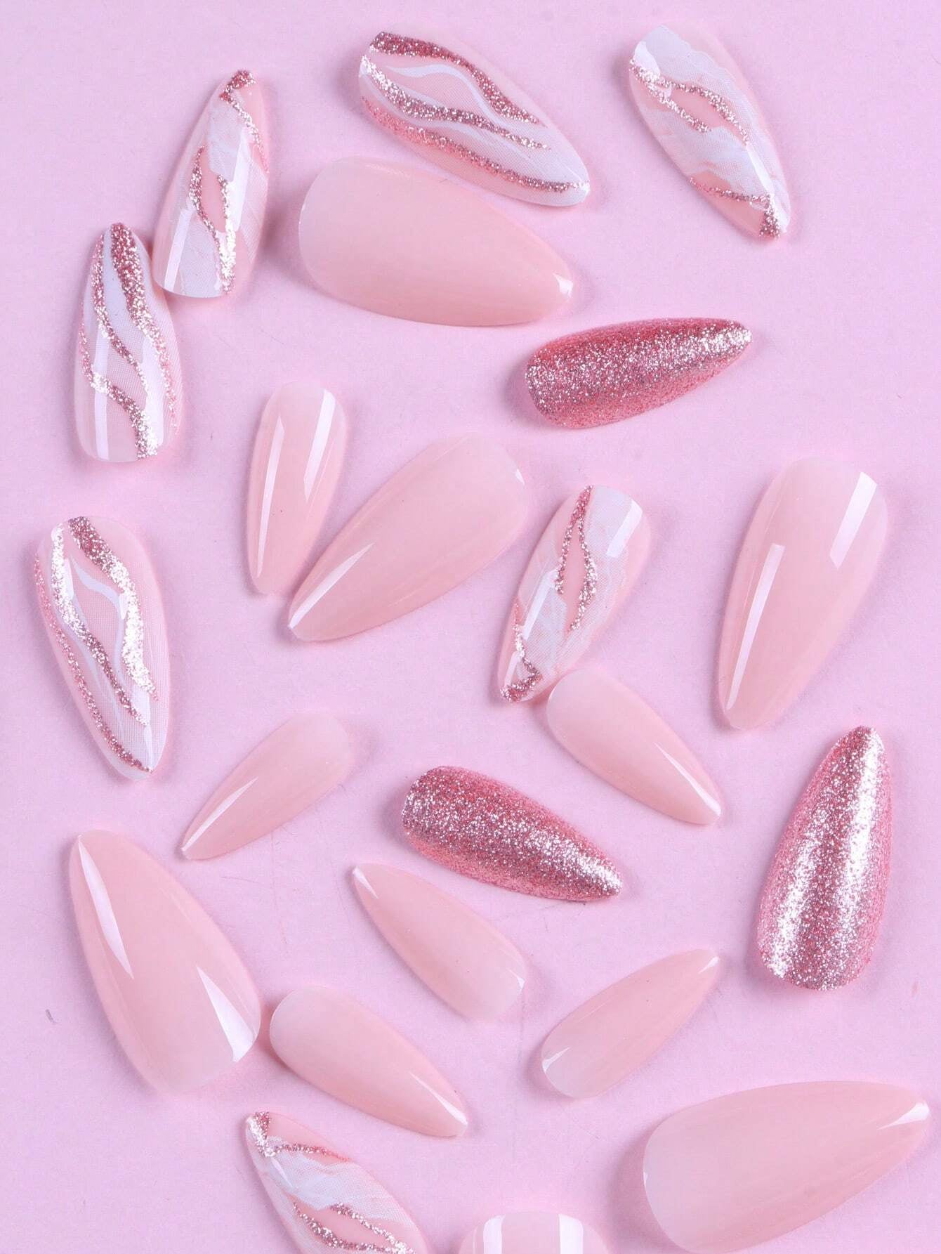 Get Glamorous with 24Pcs Long Almond Marble Smudge Glitter Fake Nail & 1Pc Nail File & 1Sheet Tape