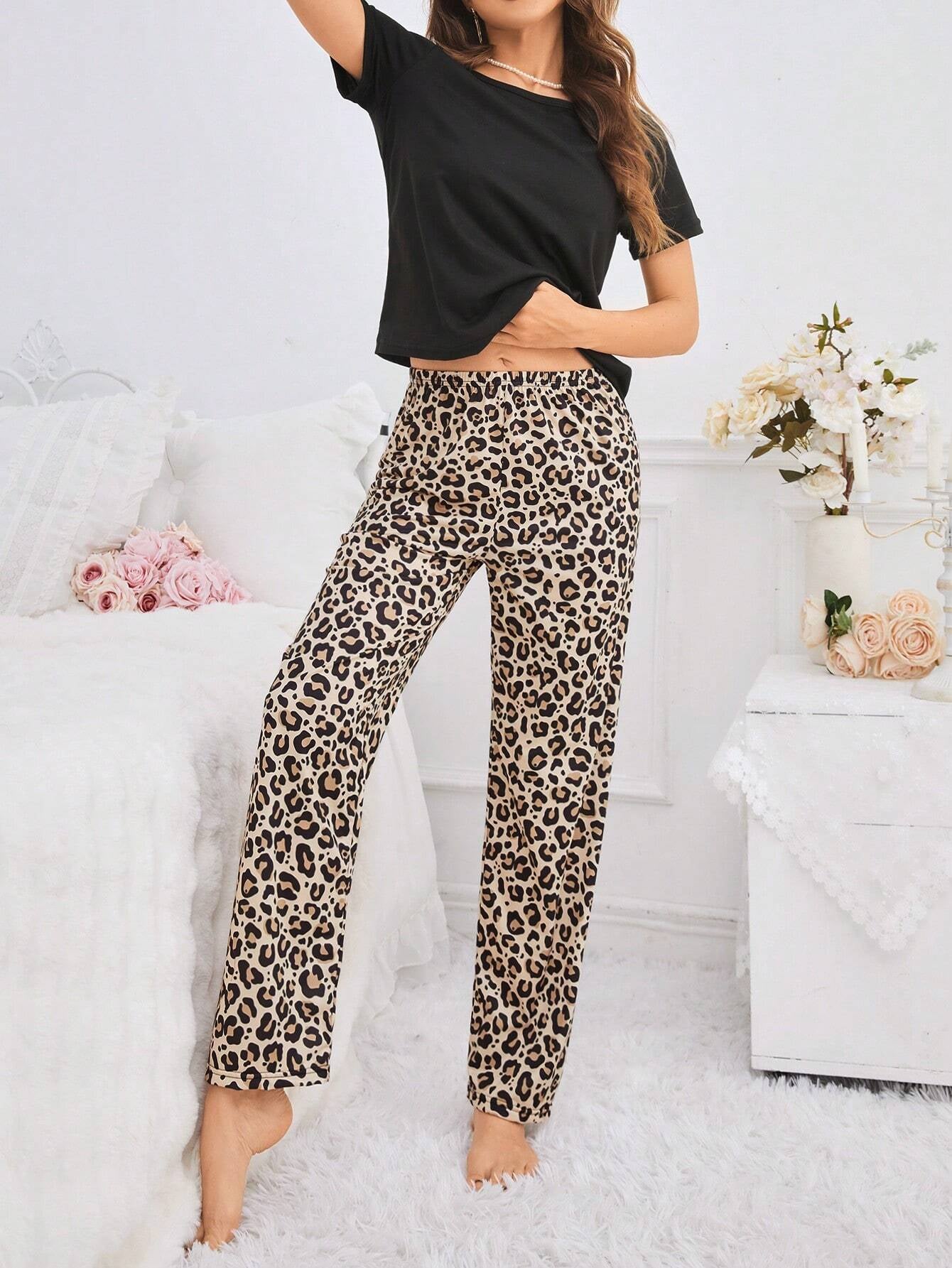 Ariqdhaksinargha Women'S Solid Color Top & Leopard Print Long Pants Pajama Set