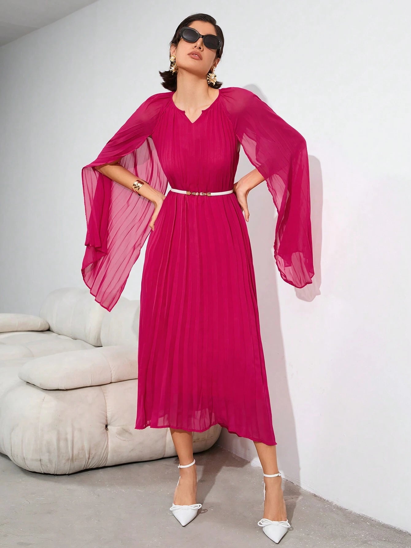 Privé Solid Color Cape Sleeve Pleated Dress