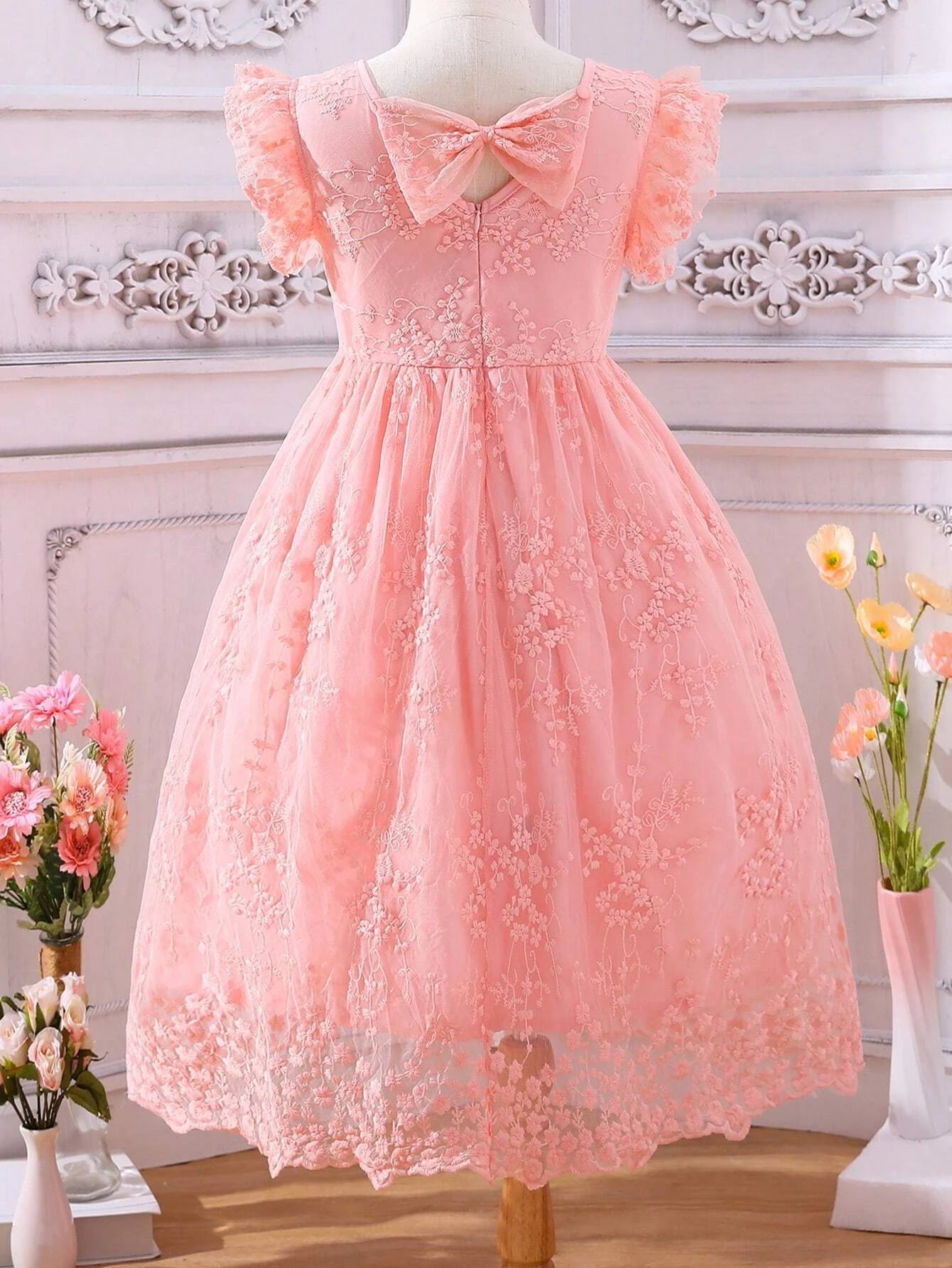 Young Girl Bow Back Ruffle Trim Lace Overlay Dress