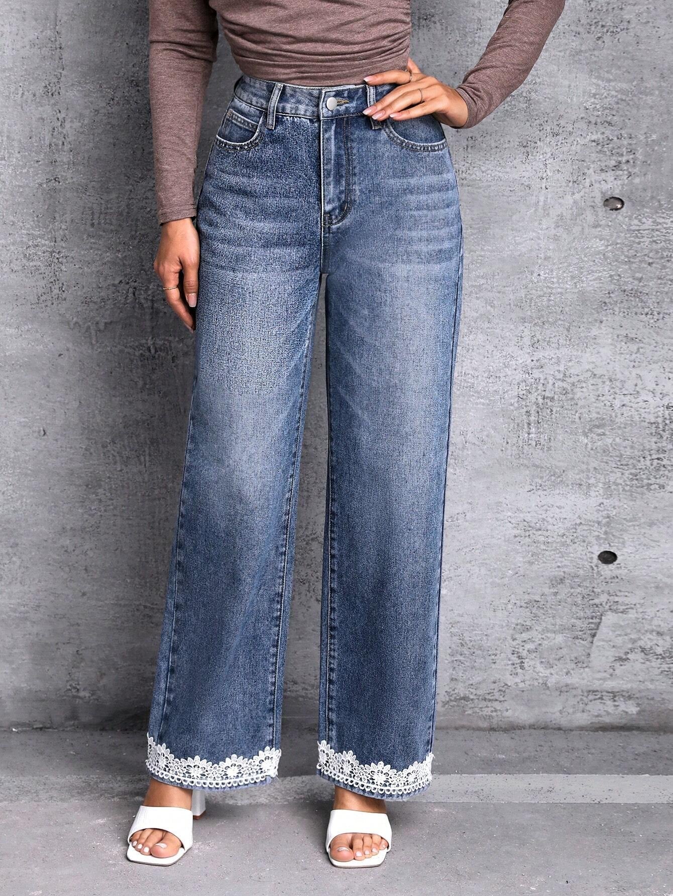 LUNE Slant Pocket Contrast Lace Hem Wide Leg Jeans