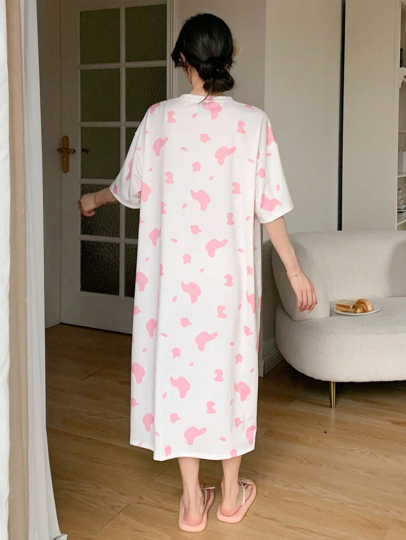 DAZY Women Cute T-Shirt Style Milk Cow Print Nightdress