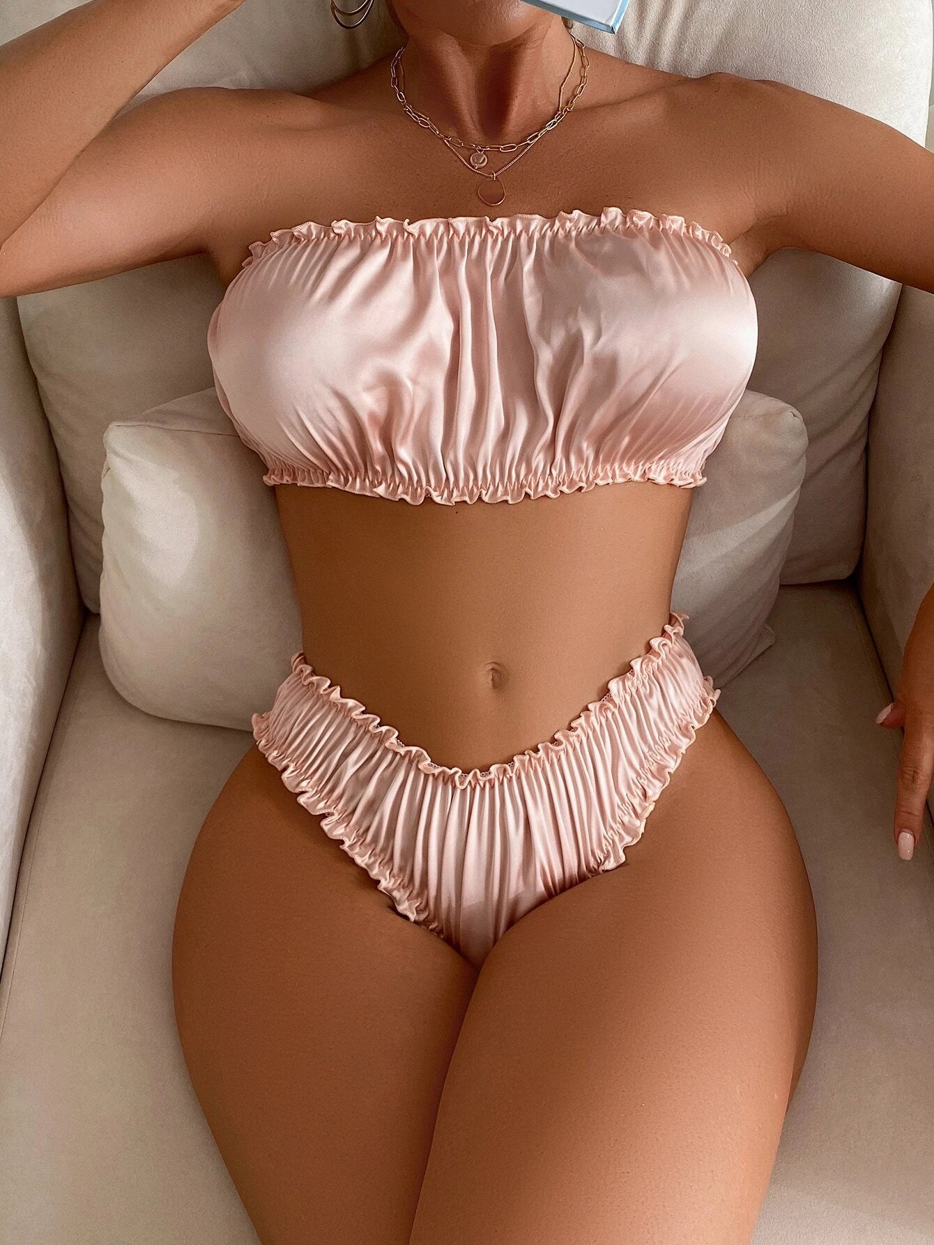 Ruched Frill Trim Bandeau Bra & Panty Lingerie Set