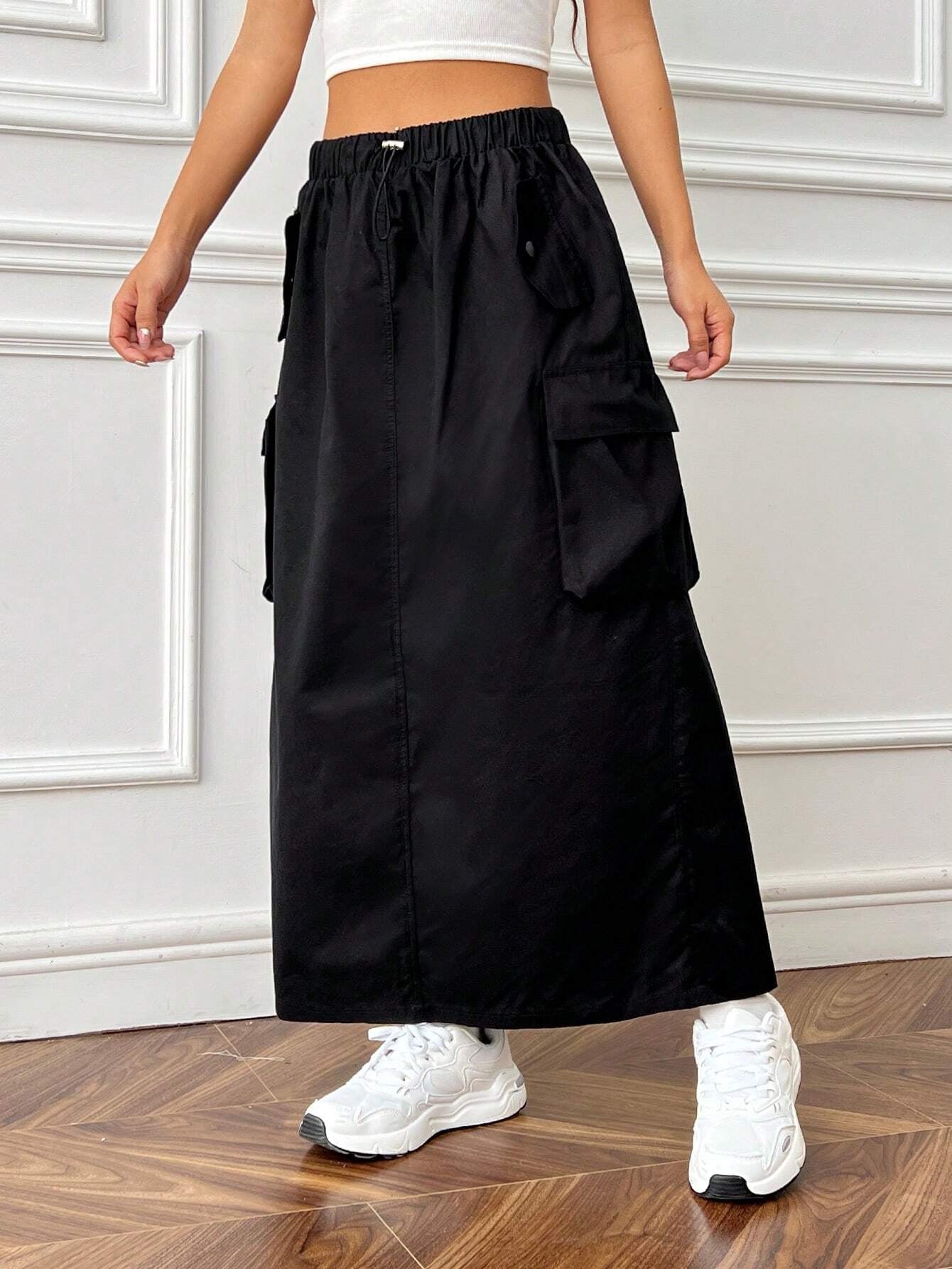 Ezwear Flap Pocket Side Drawstring Waist Cargo Skirt