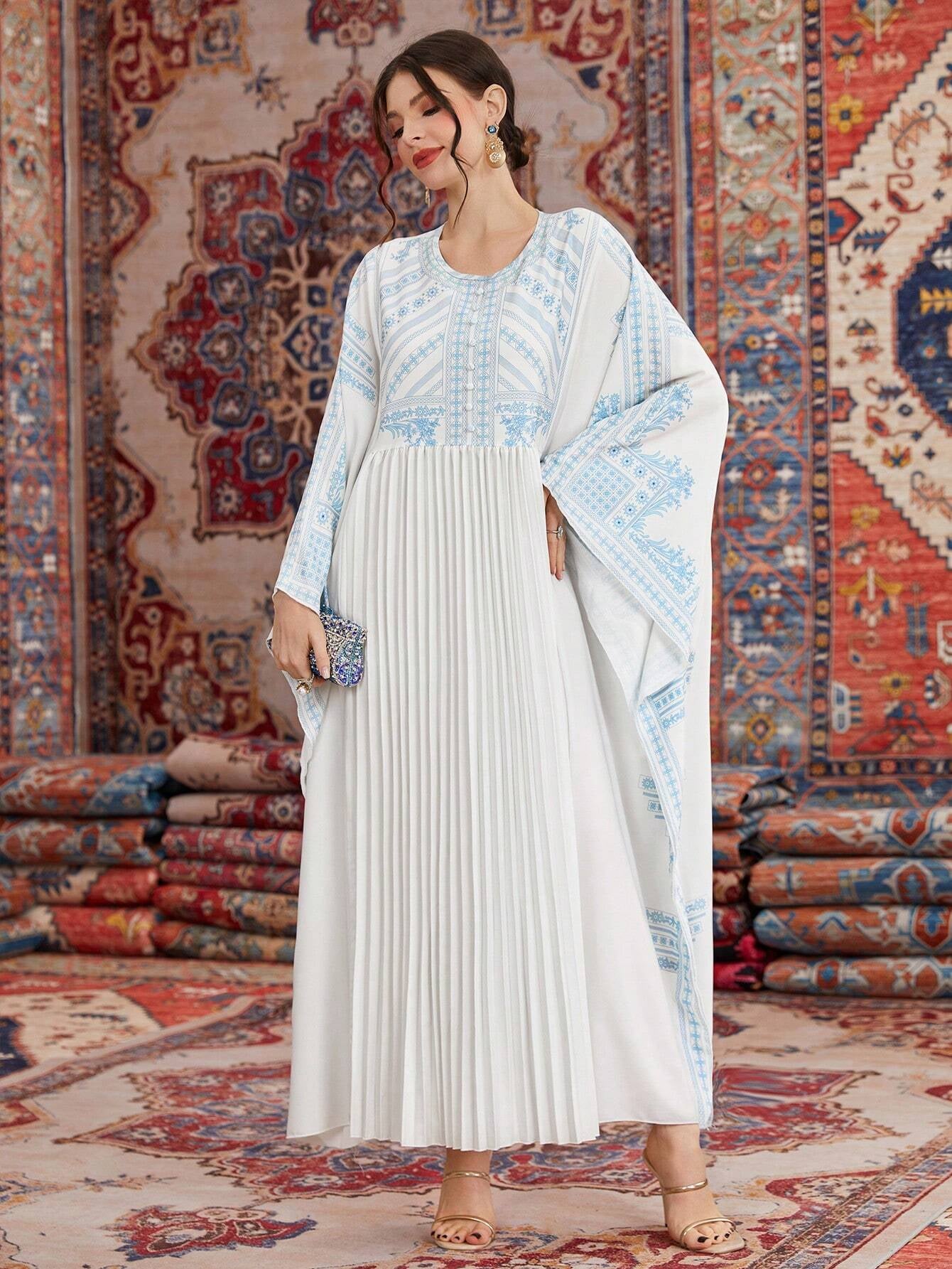 Najma Women'S Loose Fit Kaftan with Contrasting Colors & Printed round Neckline