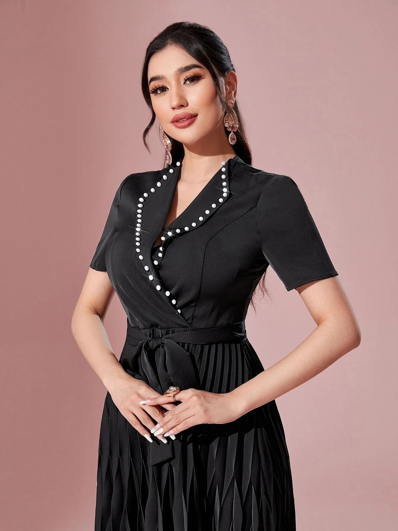 Modely Pearls Beaded Detail Belted Pleated Hem Dress