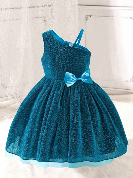 Young Girl Asymmetrical Neck Bow Front Mesh Overlay Glitter Party Dress for Christmas