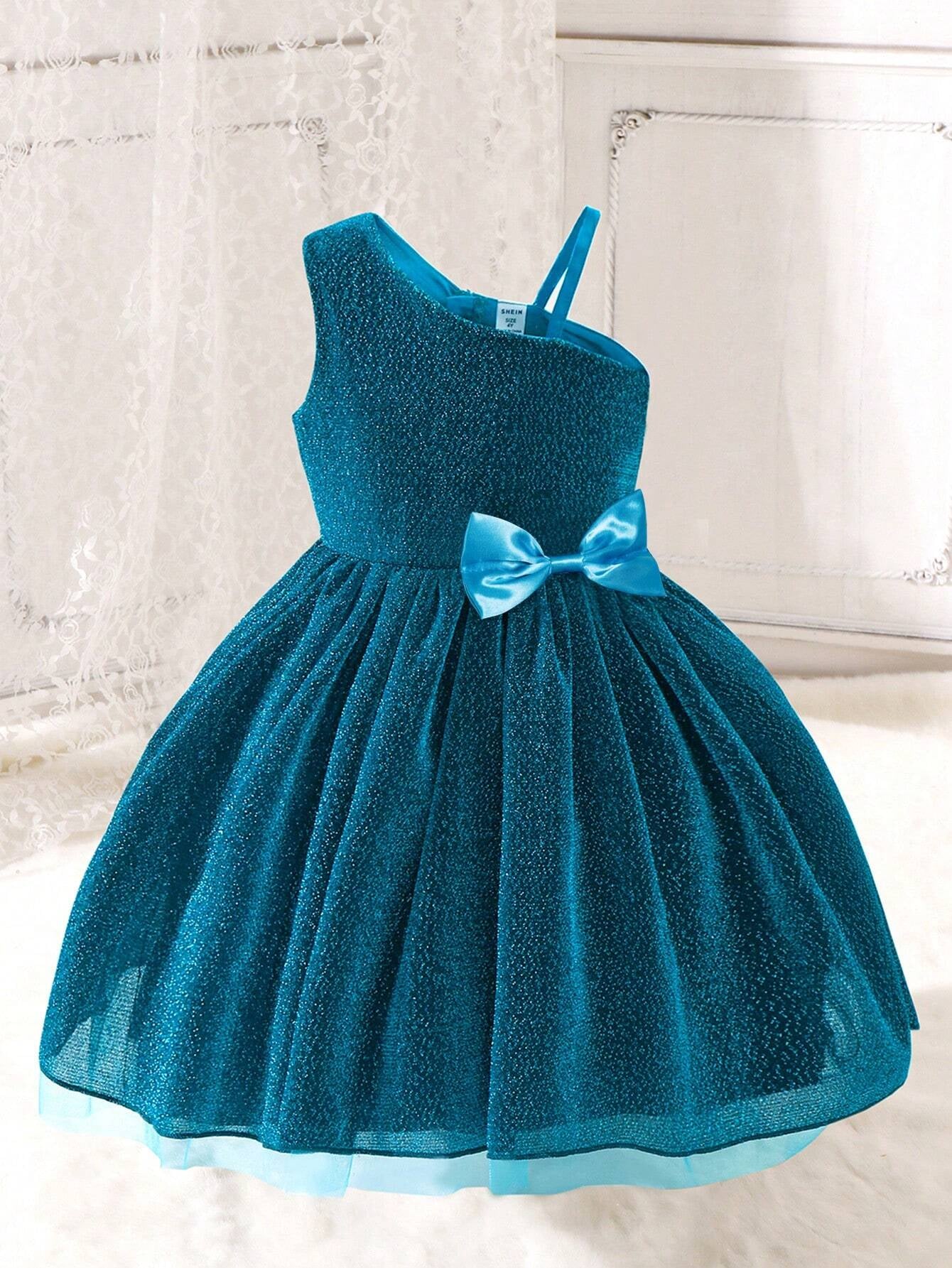 Young Girl Asymmetrical Collar Princess Style Tulle Dress with Ribbon Decor, Perfect for Parties