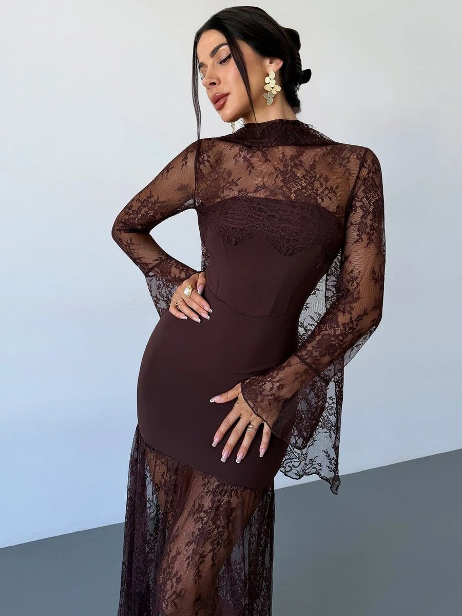 SHEIN Firerie فستان بني بأكمام طويلة وتفاصيل دانتيل وشريط شفاف
