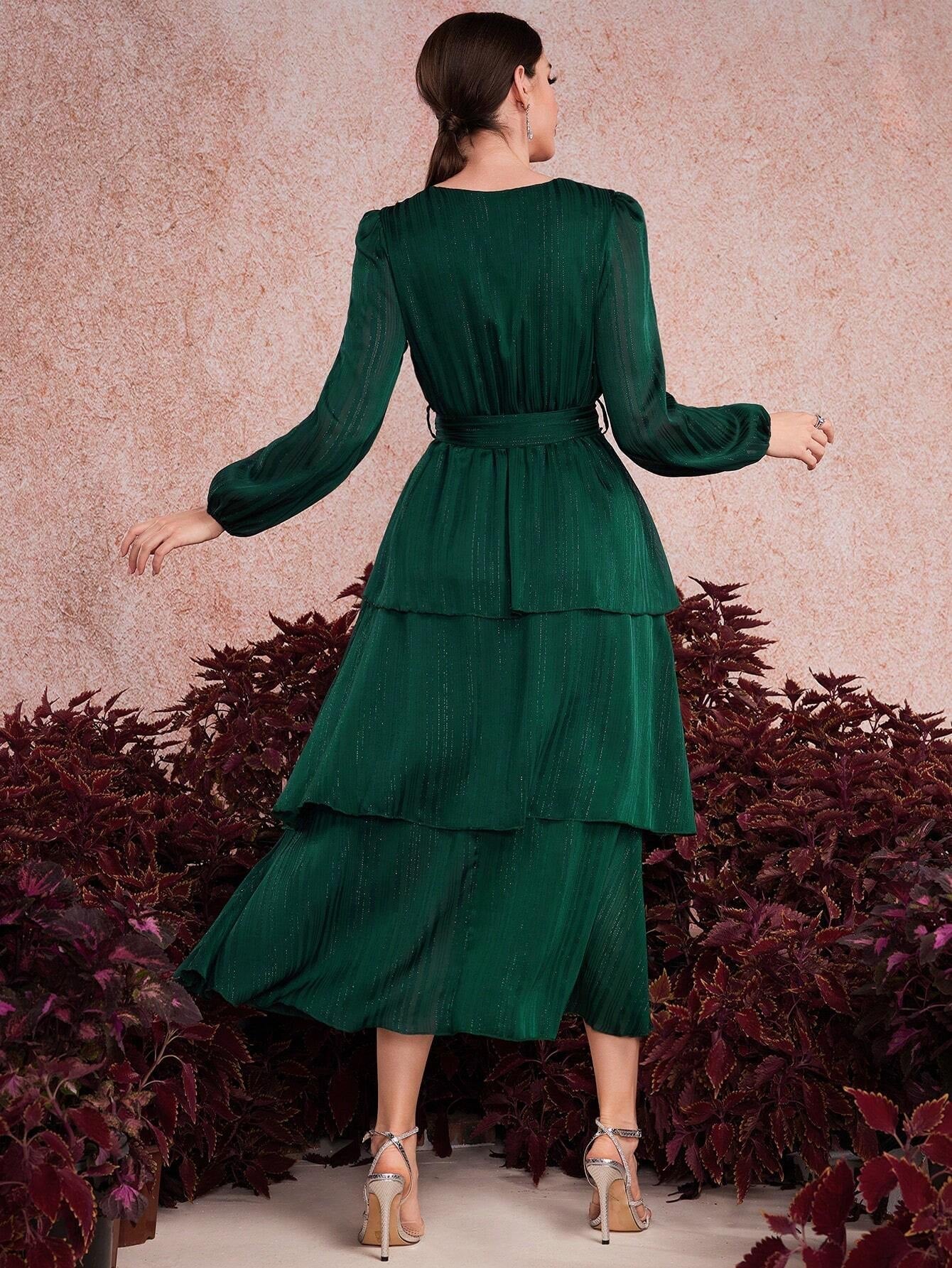 Modely Ladies' Solid Color V-Neck Lantern Sleeve Dress