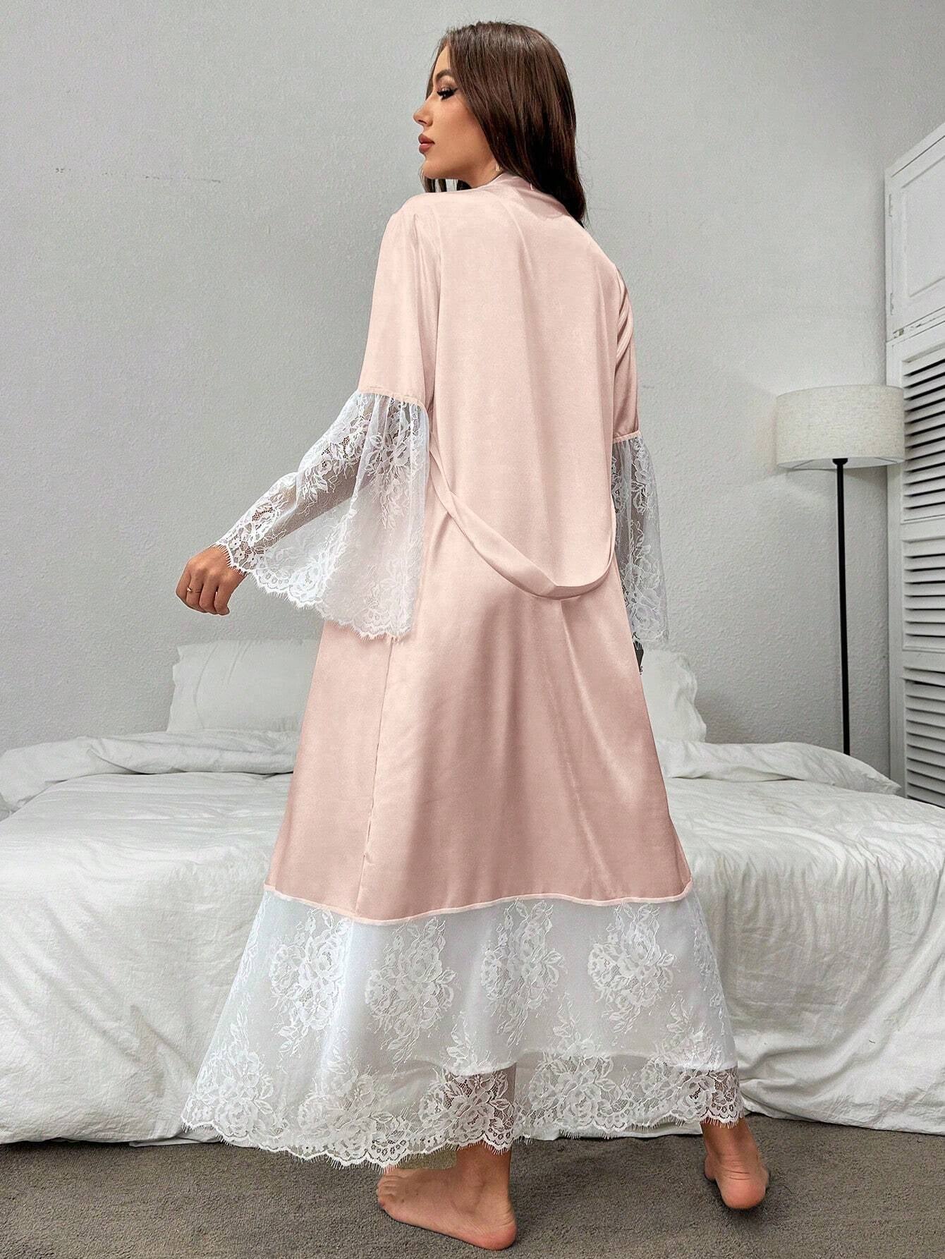 Backless Satin Cami Nightgown and Lace Bell Sleeve Robe Pajama Set