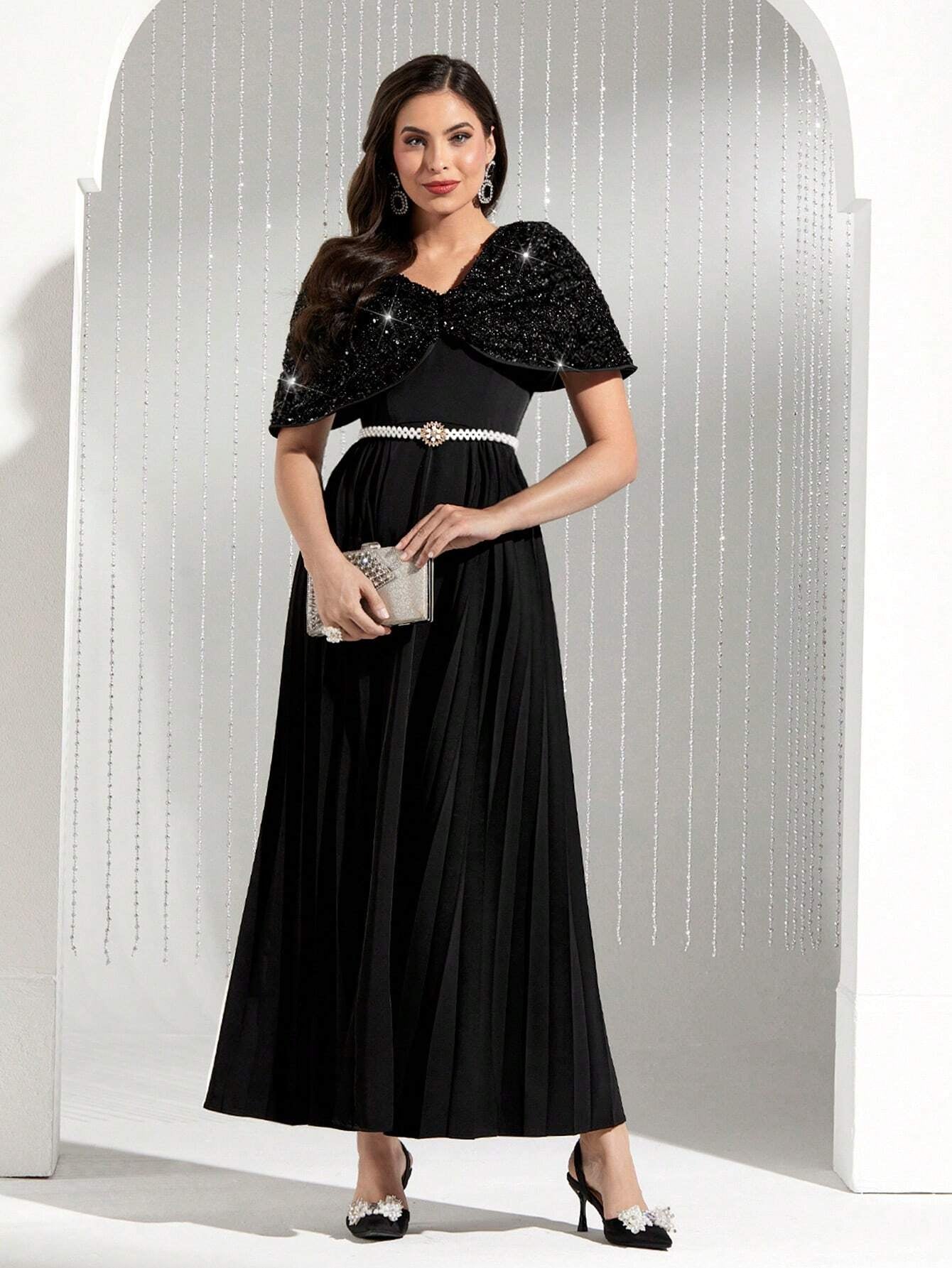 Modely Women'S Sequin Panel Pleated Hem Dress, No Belt Included