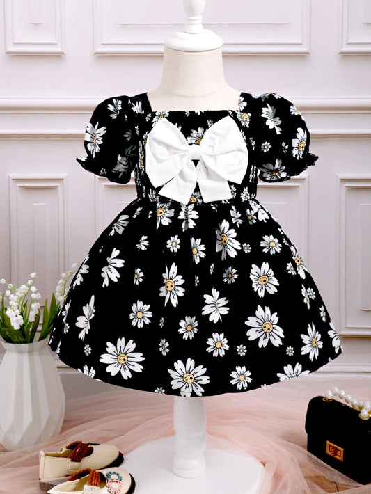 Baby Girl Floral Print Bow Front Puff Sleeve Dress