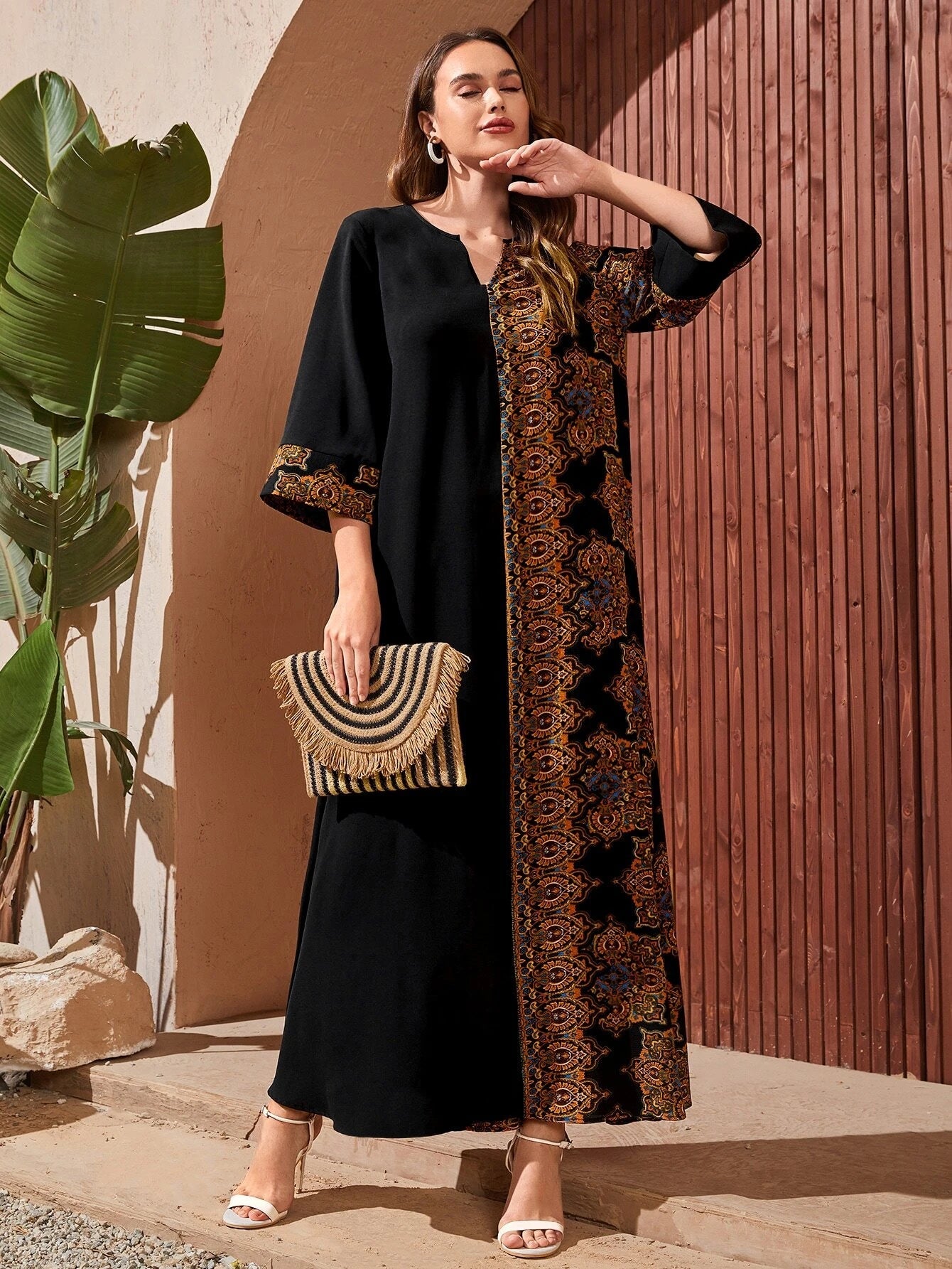 Najma Graphic Print Panel Notch Neck Tent Dress