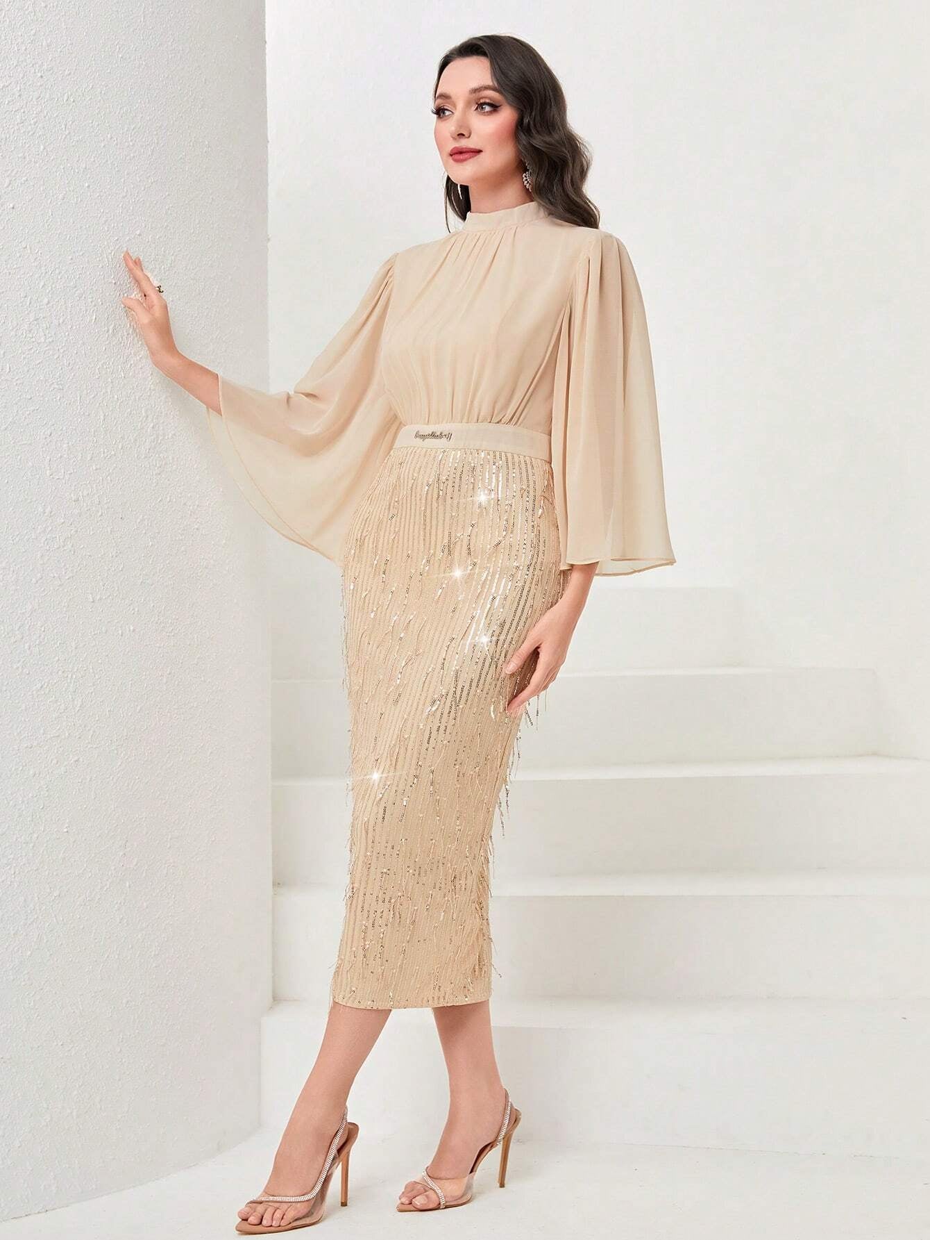 Modely Mock Neck Flare Sleeve Sequin Dress