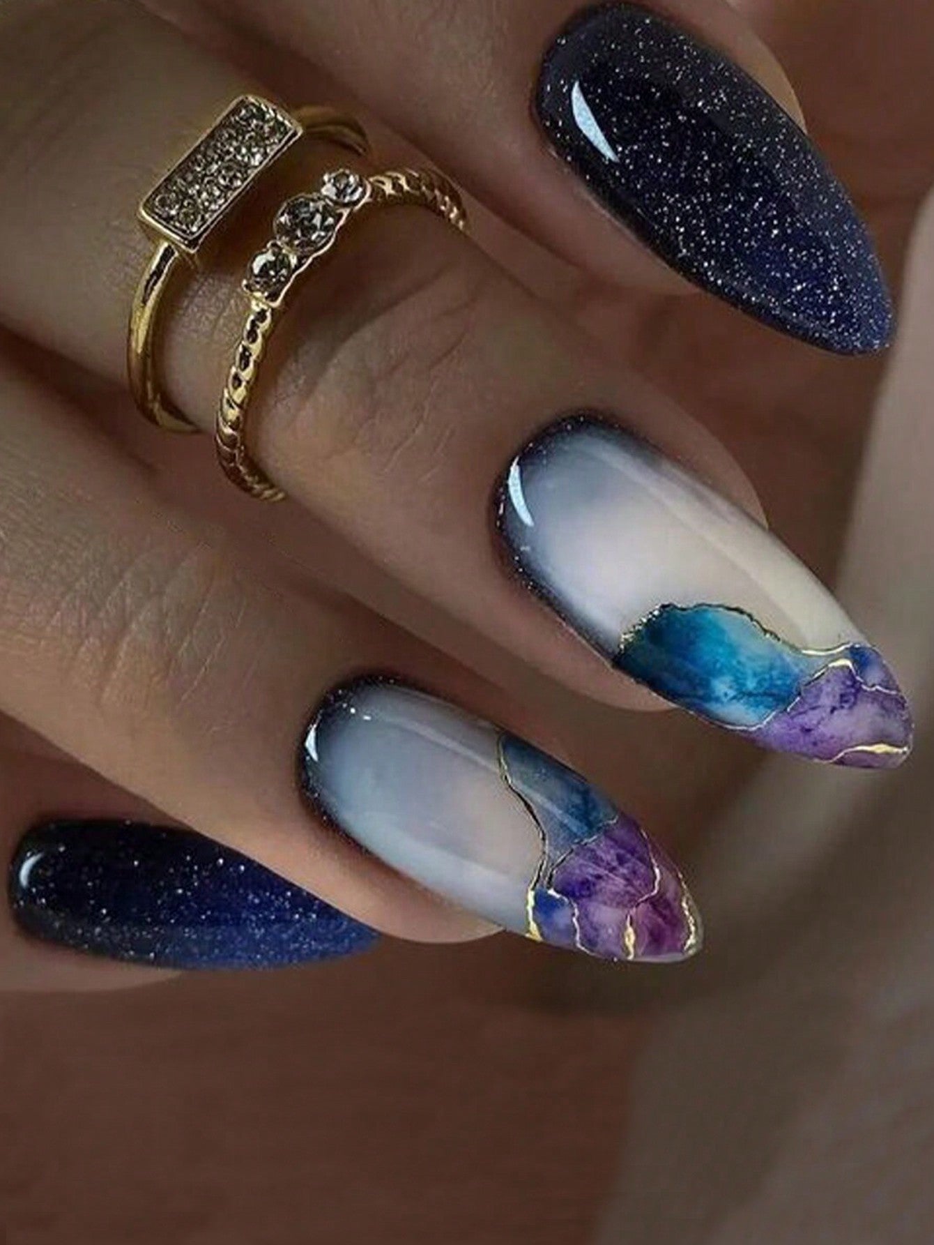24Pcs/Box Galaxy Blue Starry Sky Almond Nail Tips with Ombre Effect + 1Pc Jelly Glue + 1Pc Nail File
