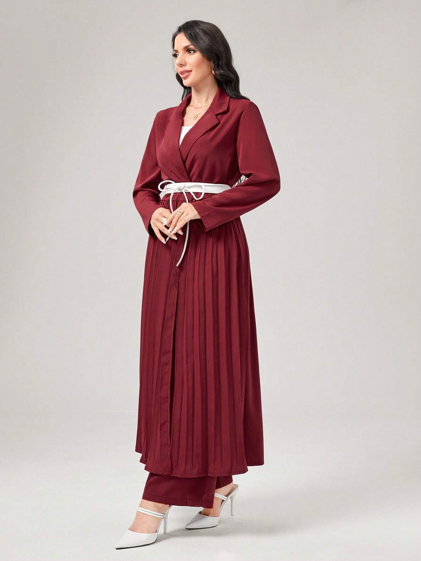 Najma Lapel Collar Pleated Abaya with Wide Leg Pants