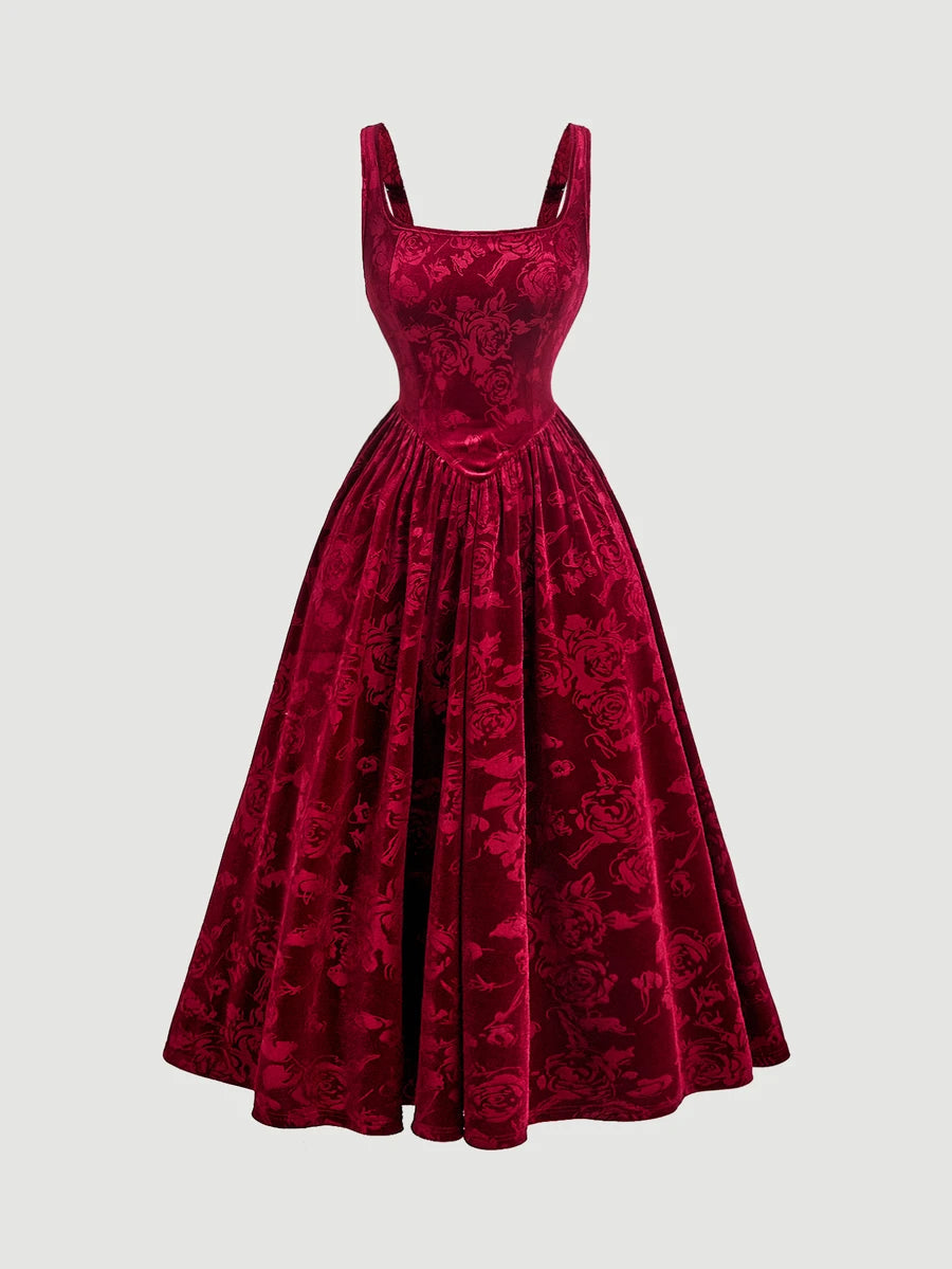 SHEIN MOD فستان مخمل عنابي طويل بياقة مربعة بدون أكمام ومزين بالزهور