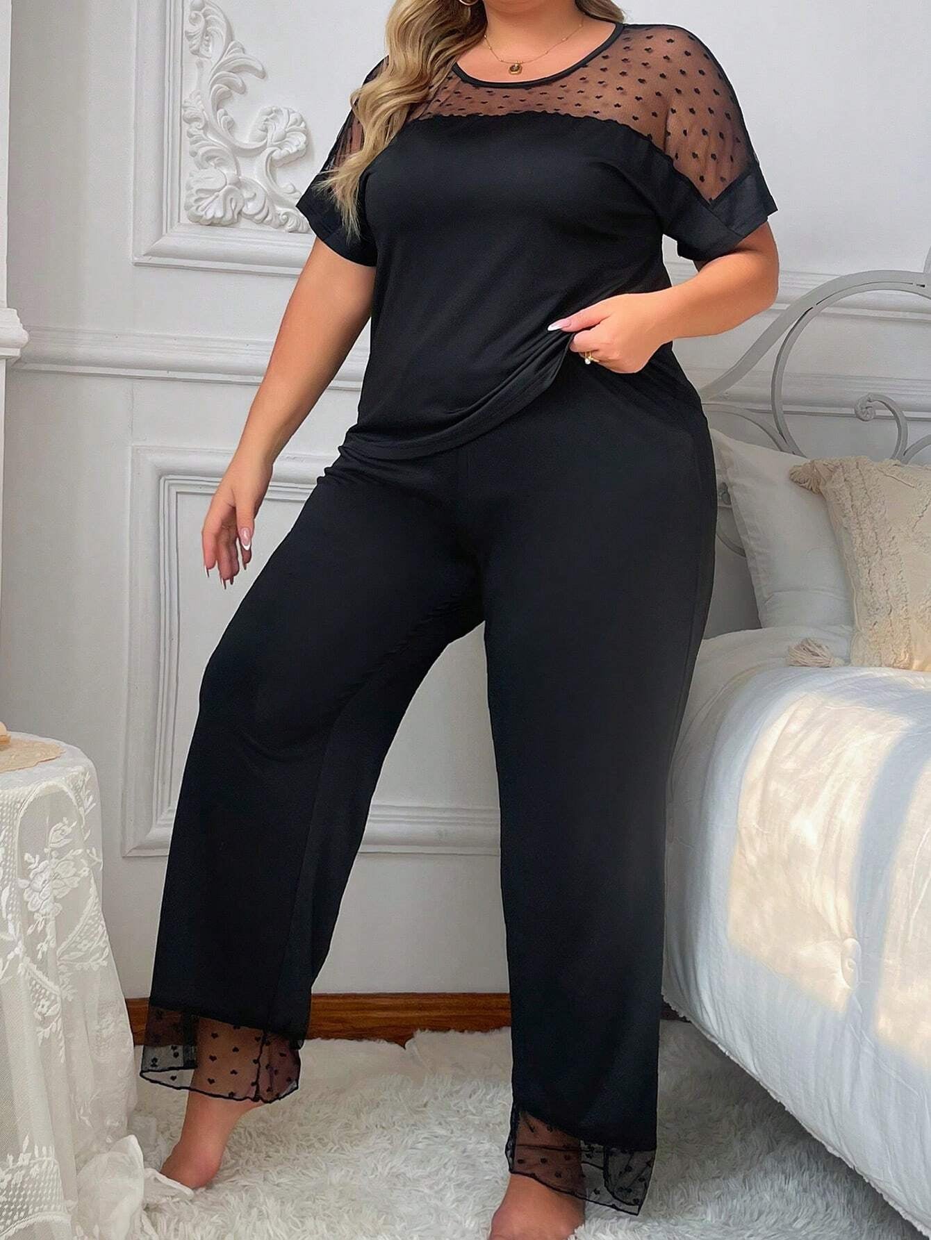 Plus Size Heart Jacquard Mesh Splicing Pajama Set