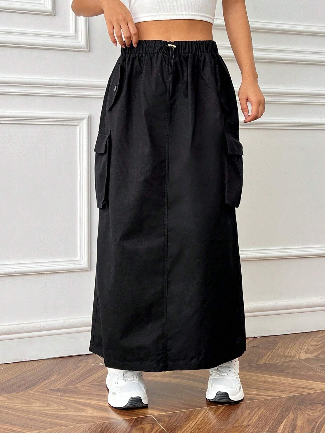 Ezwear Flap Pocket Side Drawstring Waist Cargo Skirt