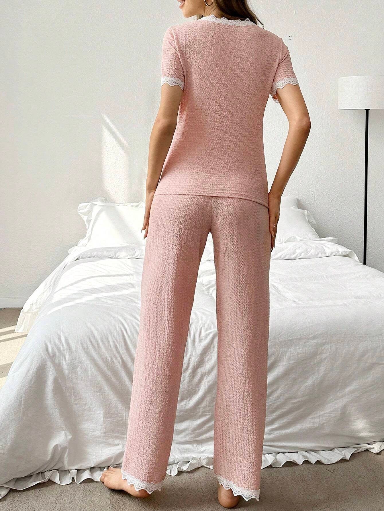 Contrast Lace Trim Button-Front Short Sleeve Top with Pants Pajama Set