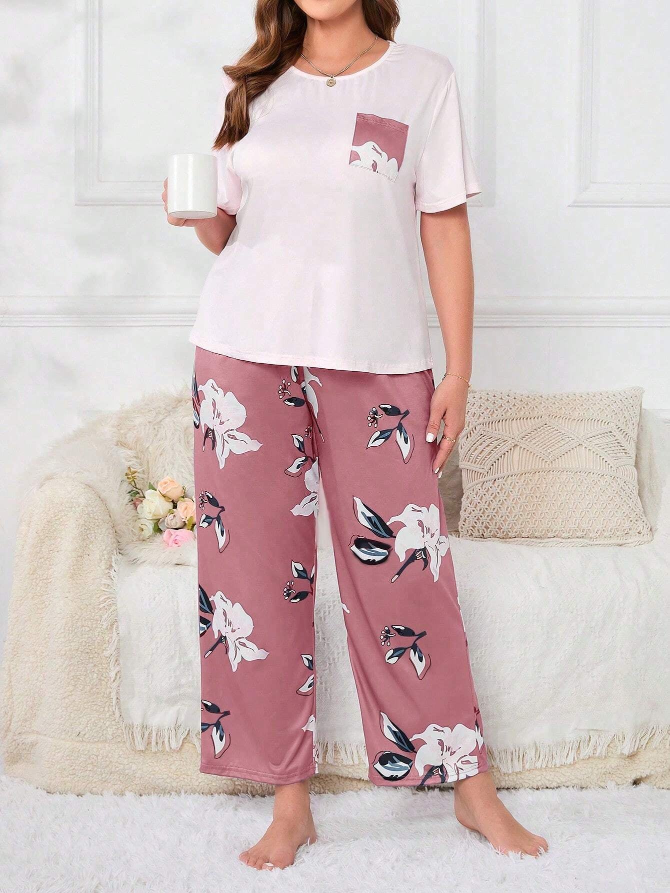 Plus Size Flower Print Pajama Set