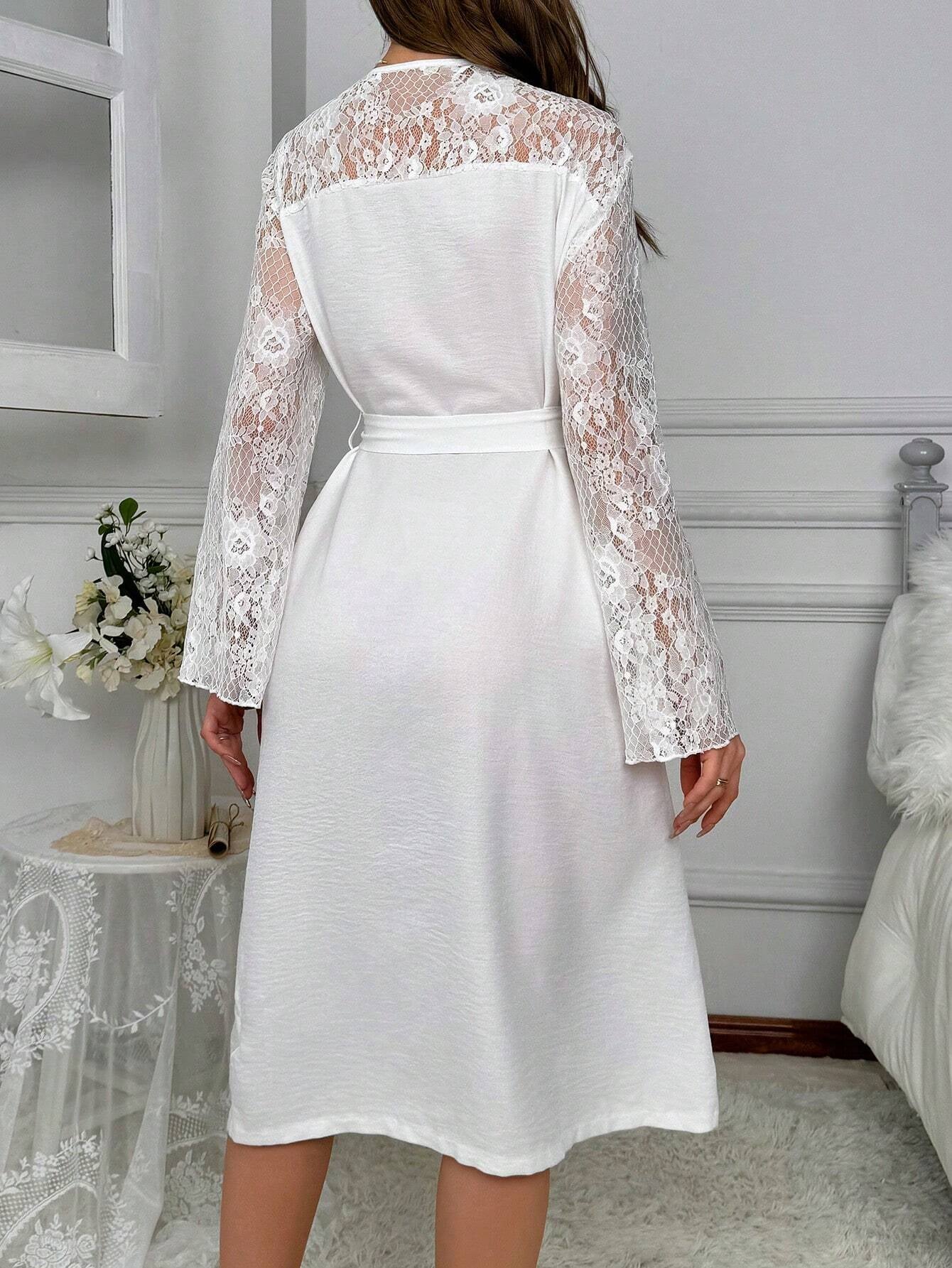 Lace Patchwork Self Tie Long Women'S Robe