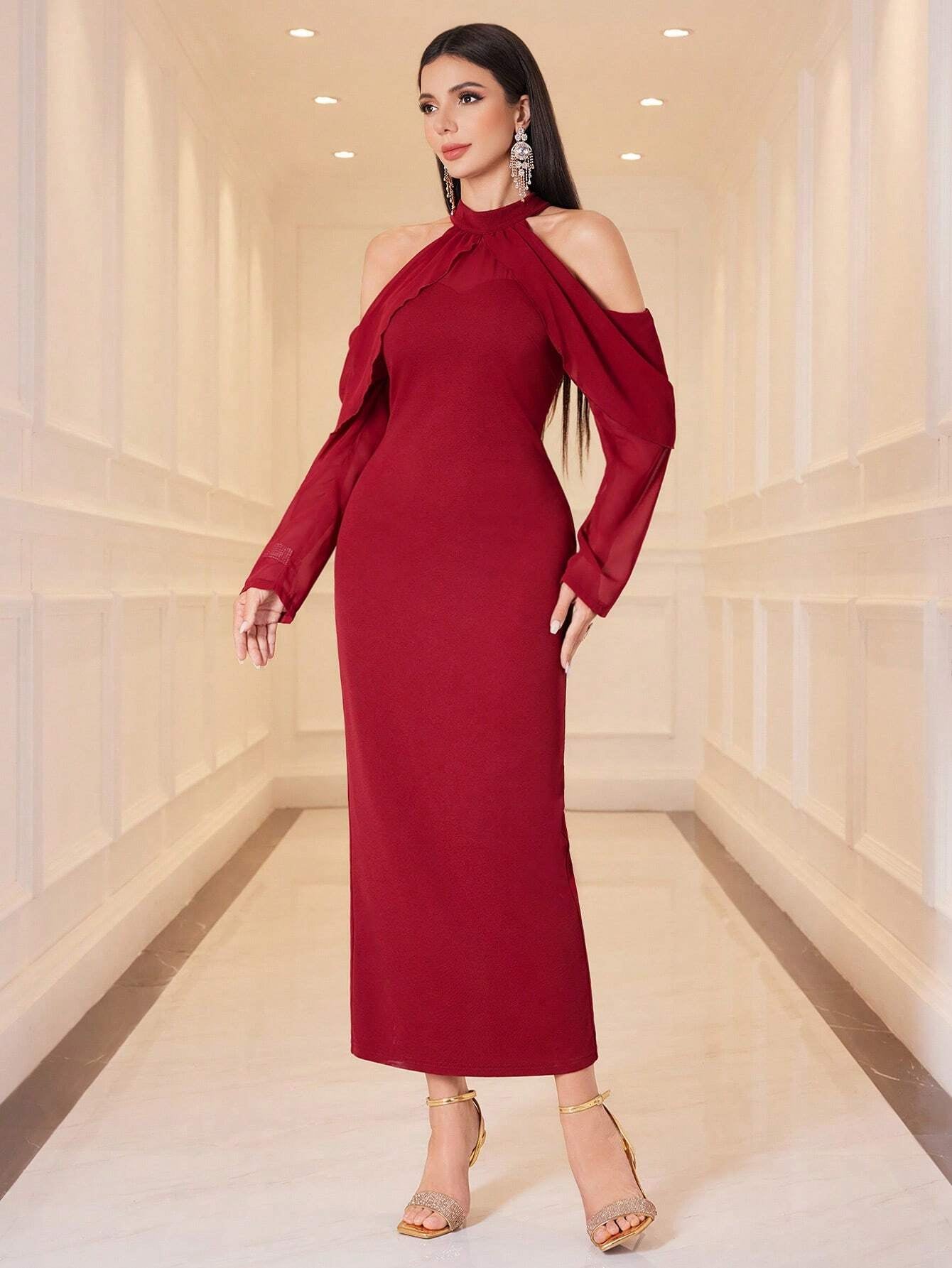 Modely Women'S Long Sleeve Off-Shoulder Hollow Dress without Waist Chain