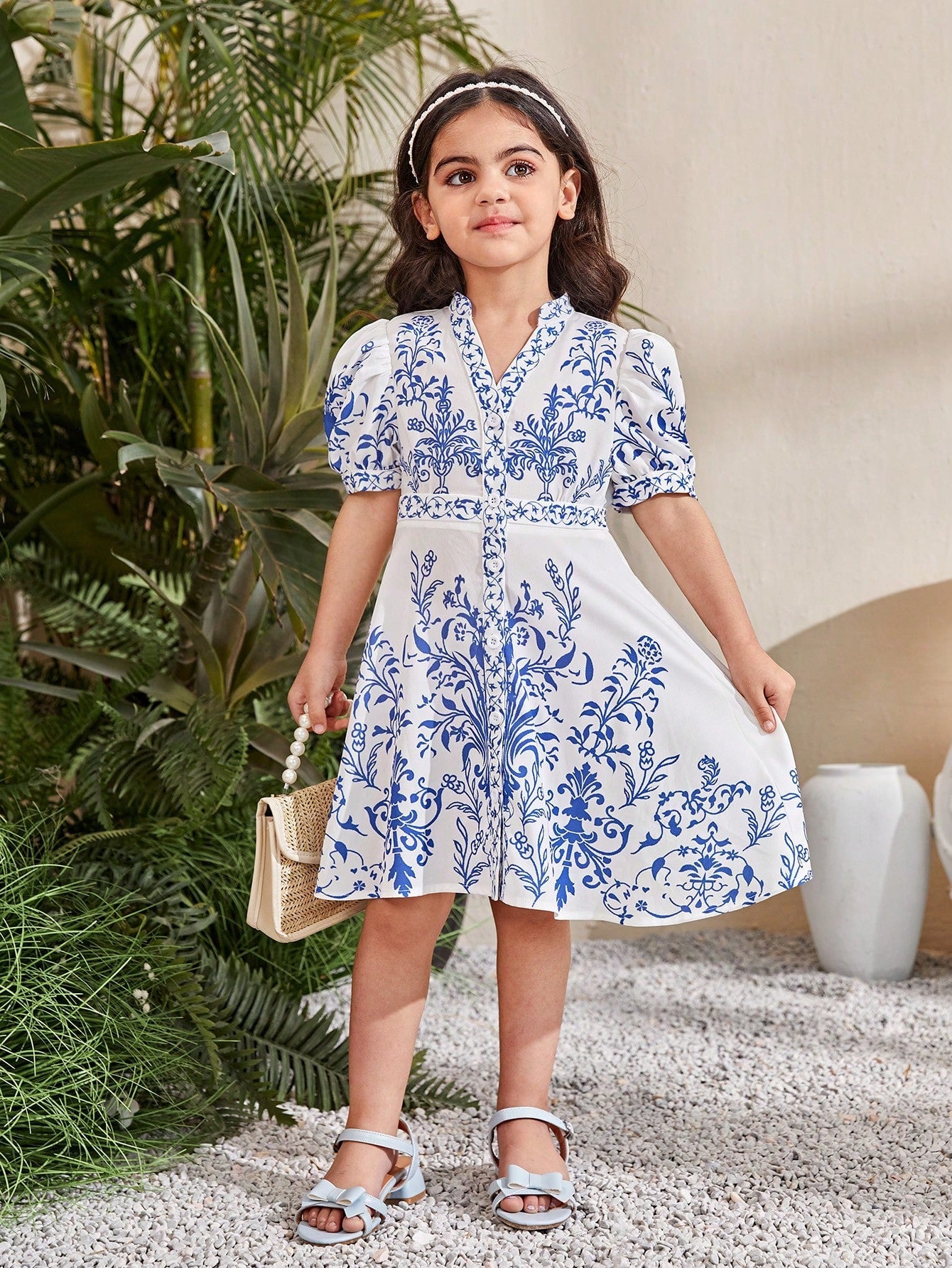 Young Girls' Floral Print Notch Collar Casual Holiday Dress