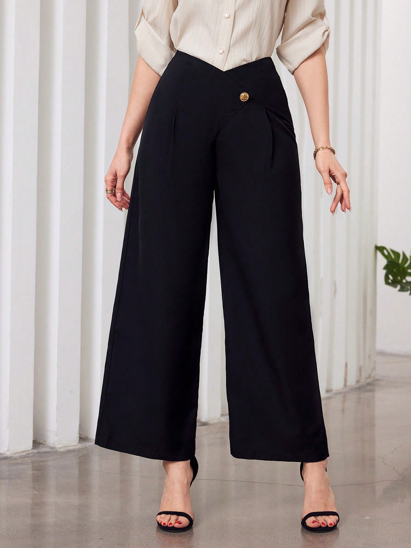 Modely Solid Color High-Waist Wide Leg Pants