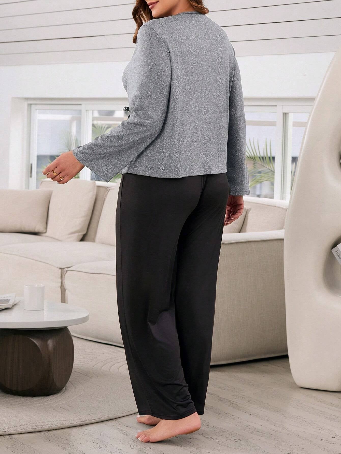 Women'S plus Size Grey Lace Decor Hanging Neck Decor Long Sleeve Long Pants Pajamas Set