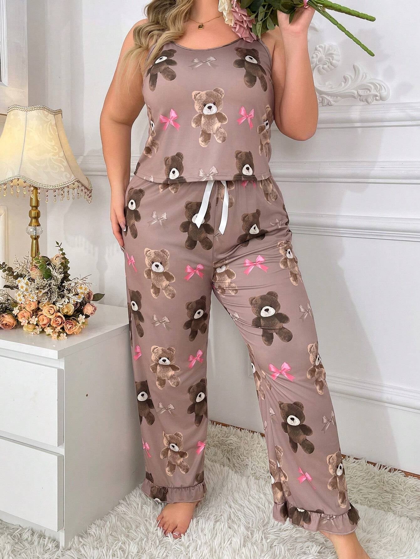 Plus Size Women'S Bear Printed Camisole Top and Pants Pajamas Set