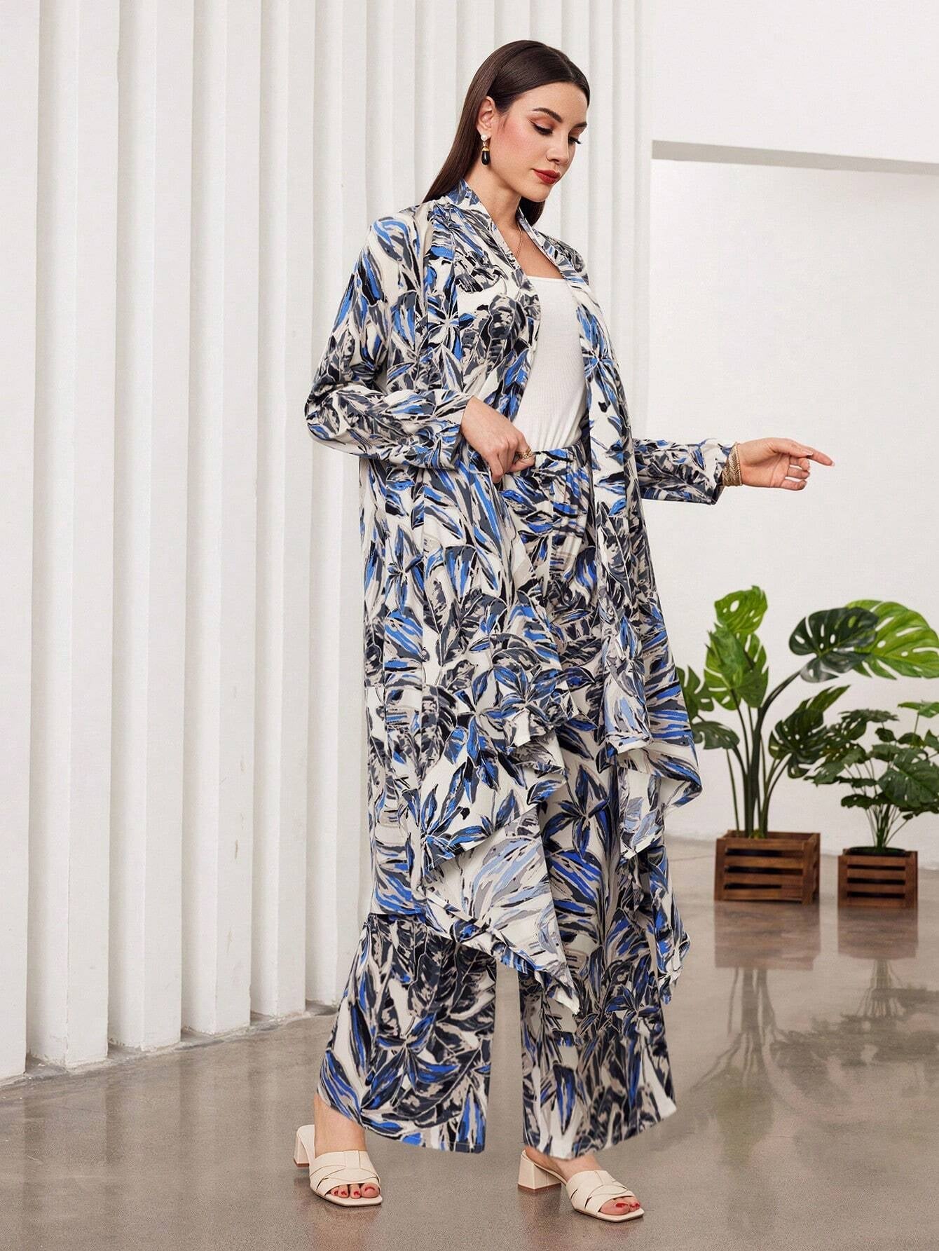 Mulvari Women'S Botanical Print Jacket and Wide Leg Pants Two Piece Set