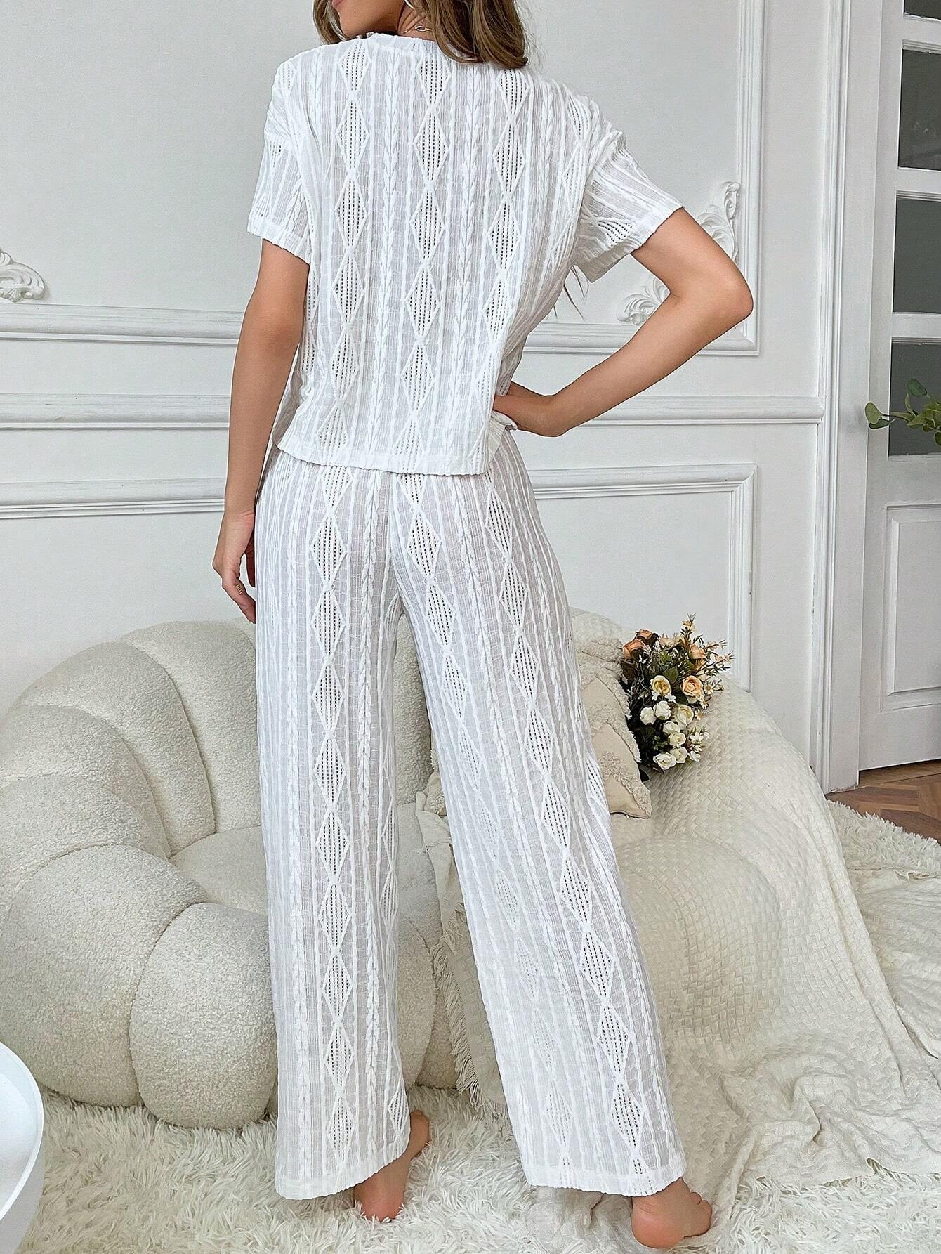 Solid Color Jacquard V-Neck Loose Short Sleeve Long Pants Suit