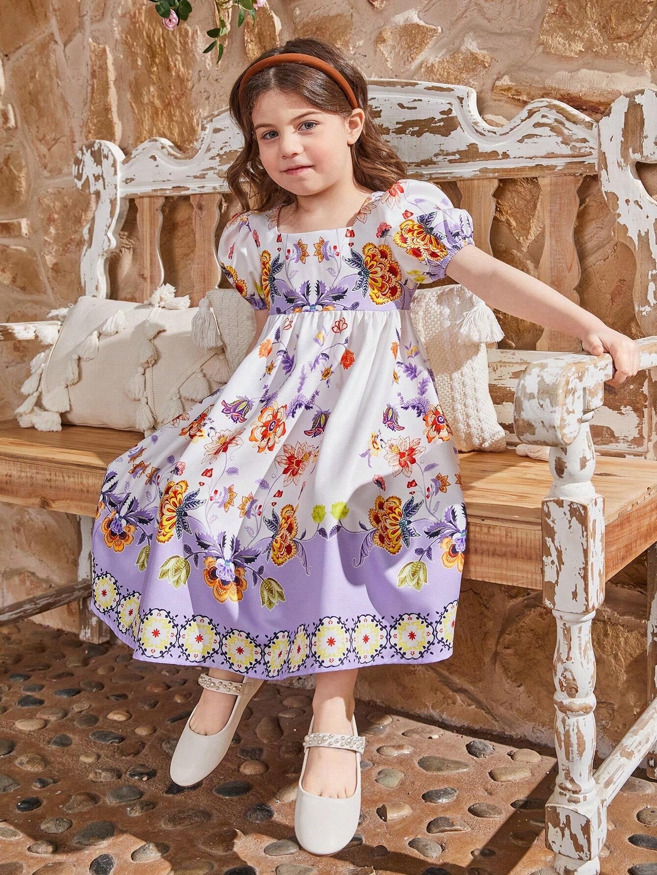 Young Girls' Square Neck Puff Sleeve Floral Dress, Mommy and Me Matching Outfits (2 Pieces Sold Separately)