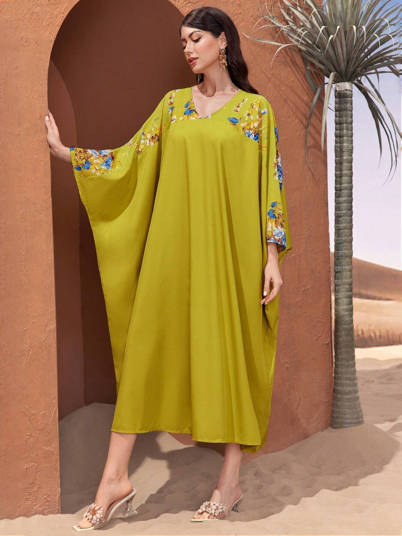 Najma Batwing Sleeve Dress with Plant Pattern Print