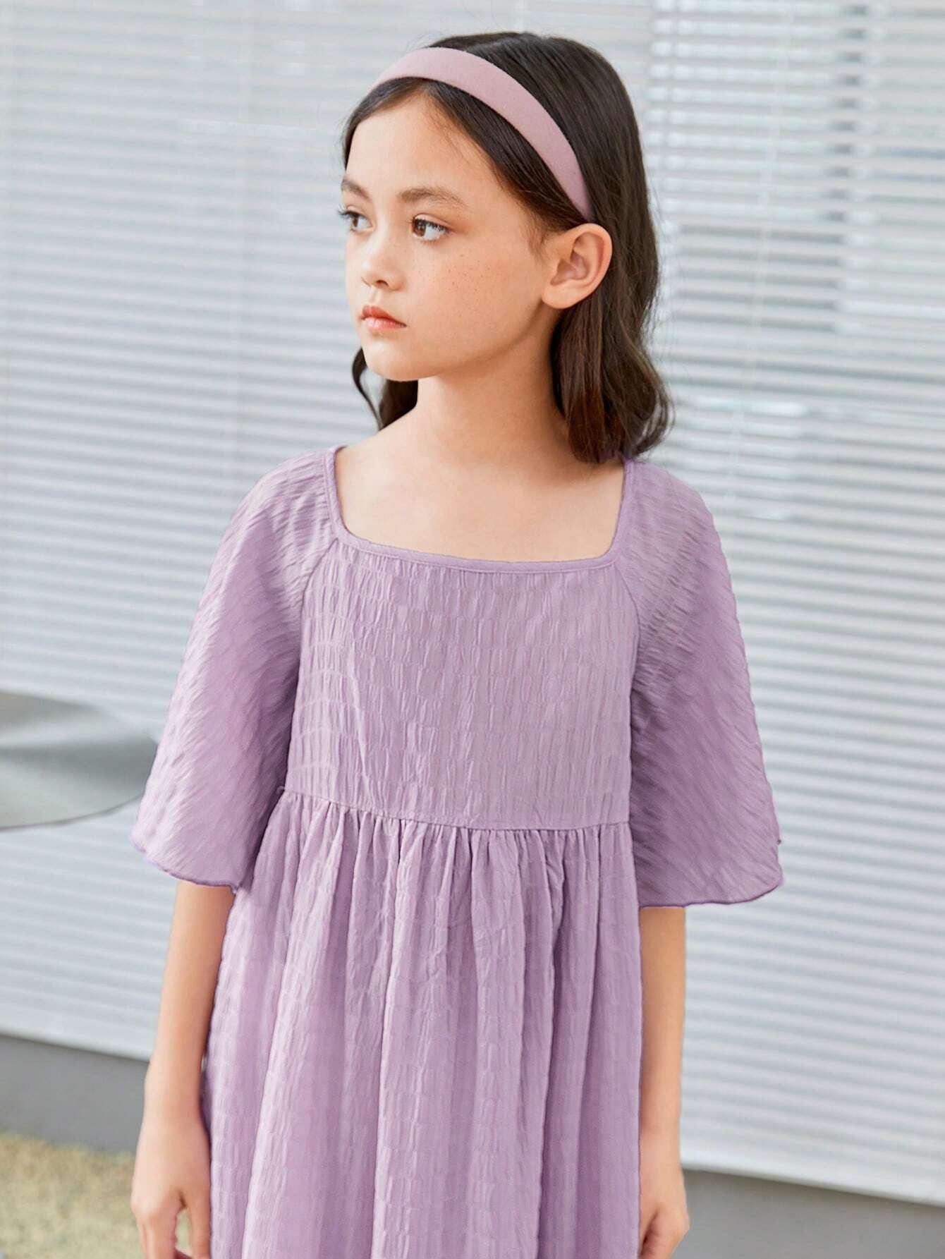 Tween Girl Solid Loose-Fit Elegant Dress with Square Neckline, Cap Sleeves, Suitable for Spring & Summer