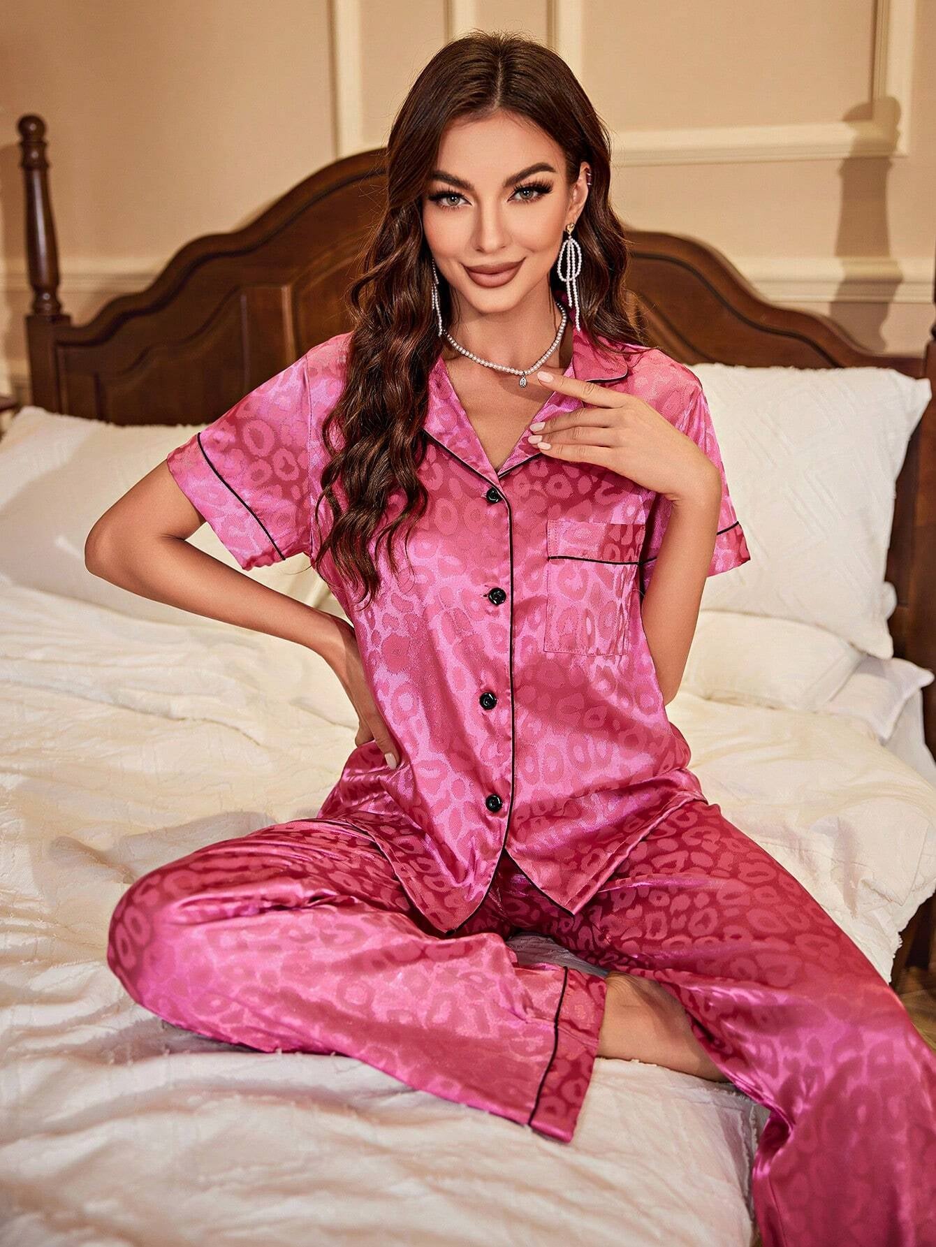 Color Block Leopard Print Jacquard Satin Pyjama Set with Rolled Hem